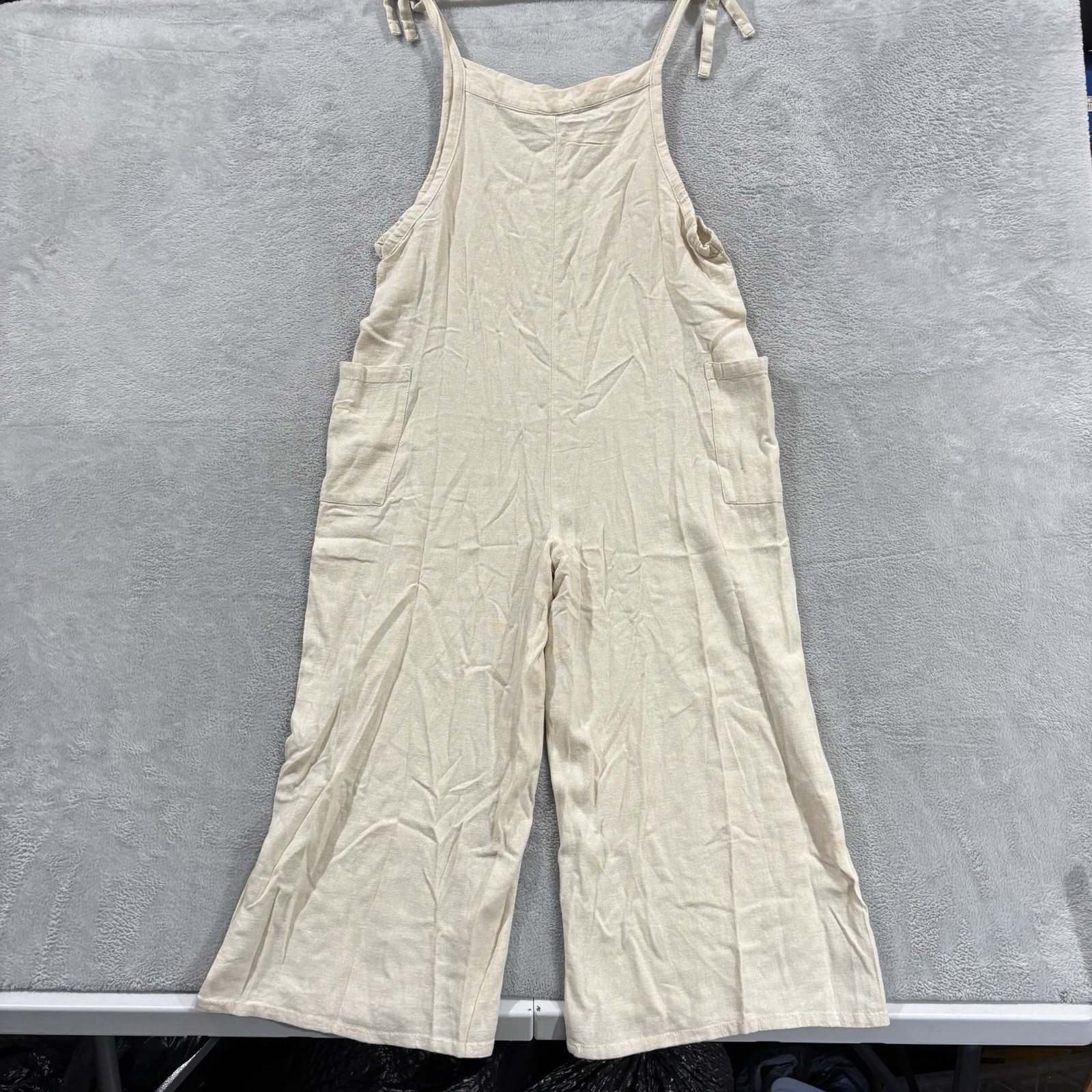 Hunten & Baowa Cream Linen Blend Overalls Jumpsuit Women S Boho Wide Leg Casual