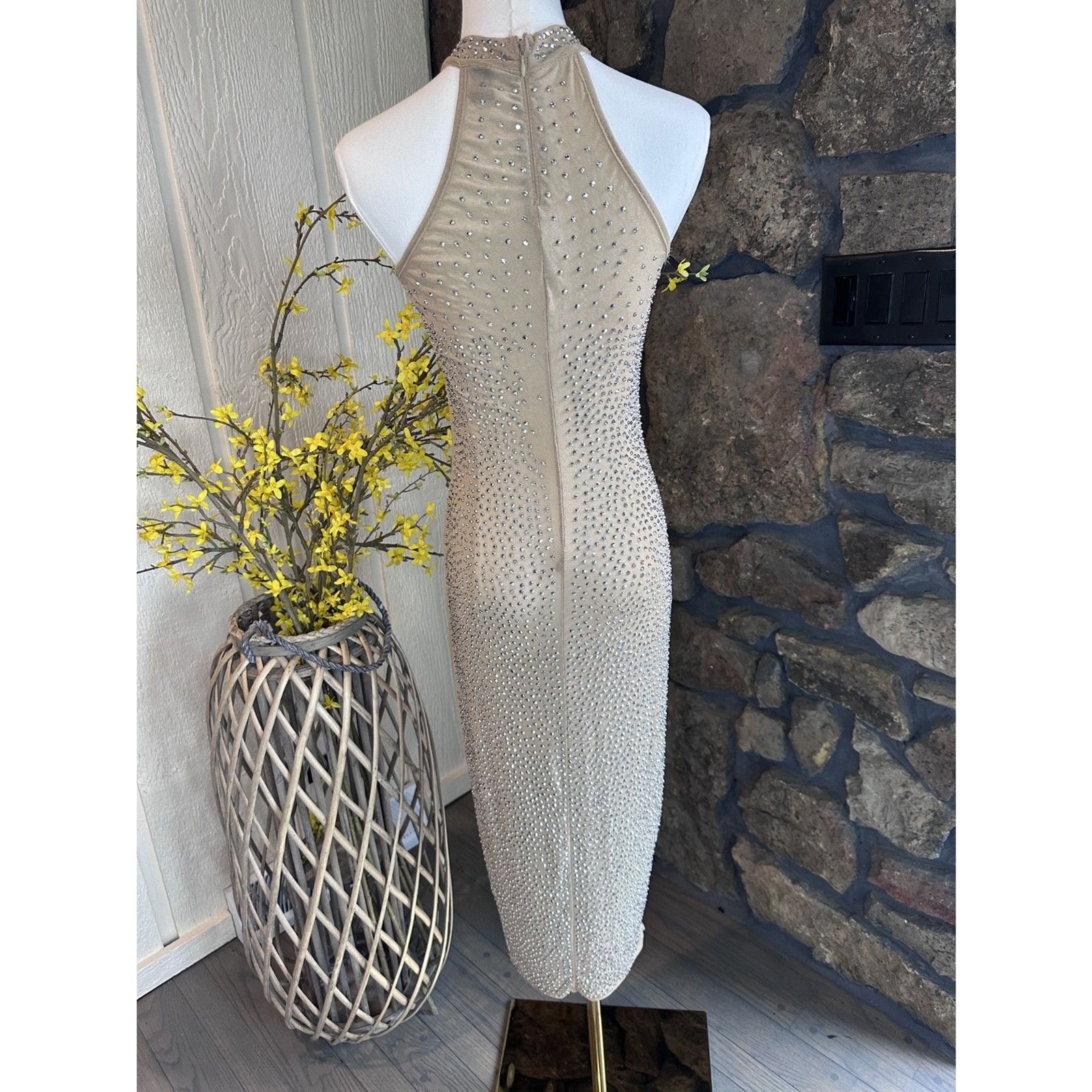 Windsor Rhinestone Embellished Halter Maxi Dress Nude Tan Formal Sz Small