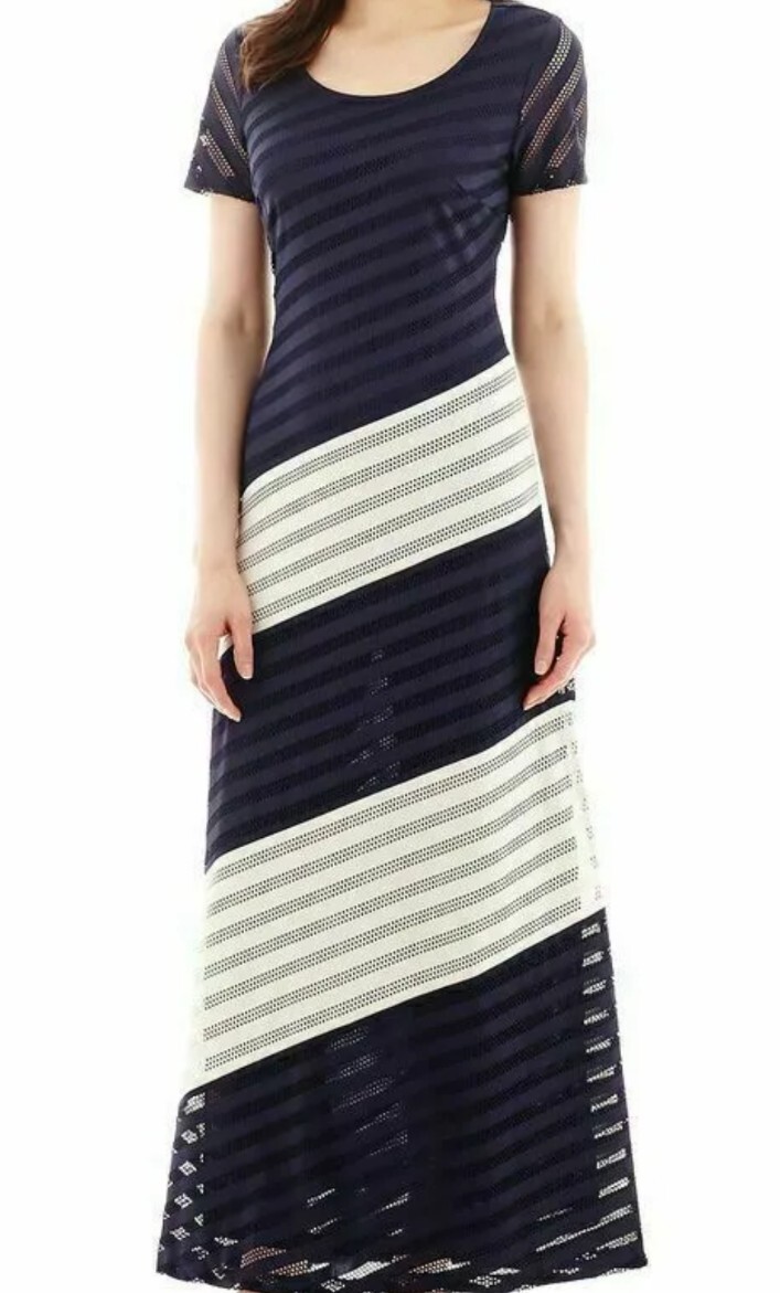 TRULLI Maxi Dress Navy White Size Small Diagonal Stripe Lined Pointelle
