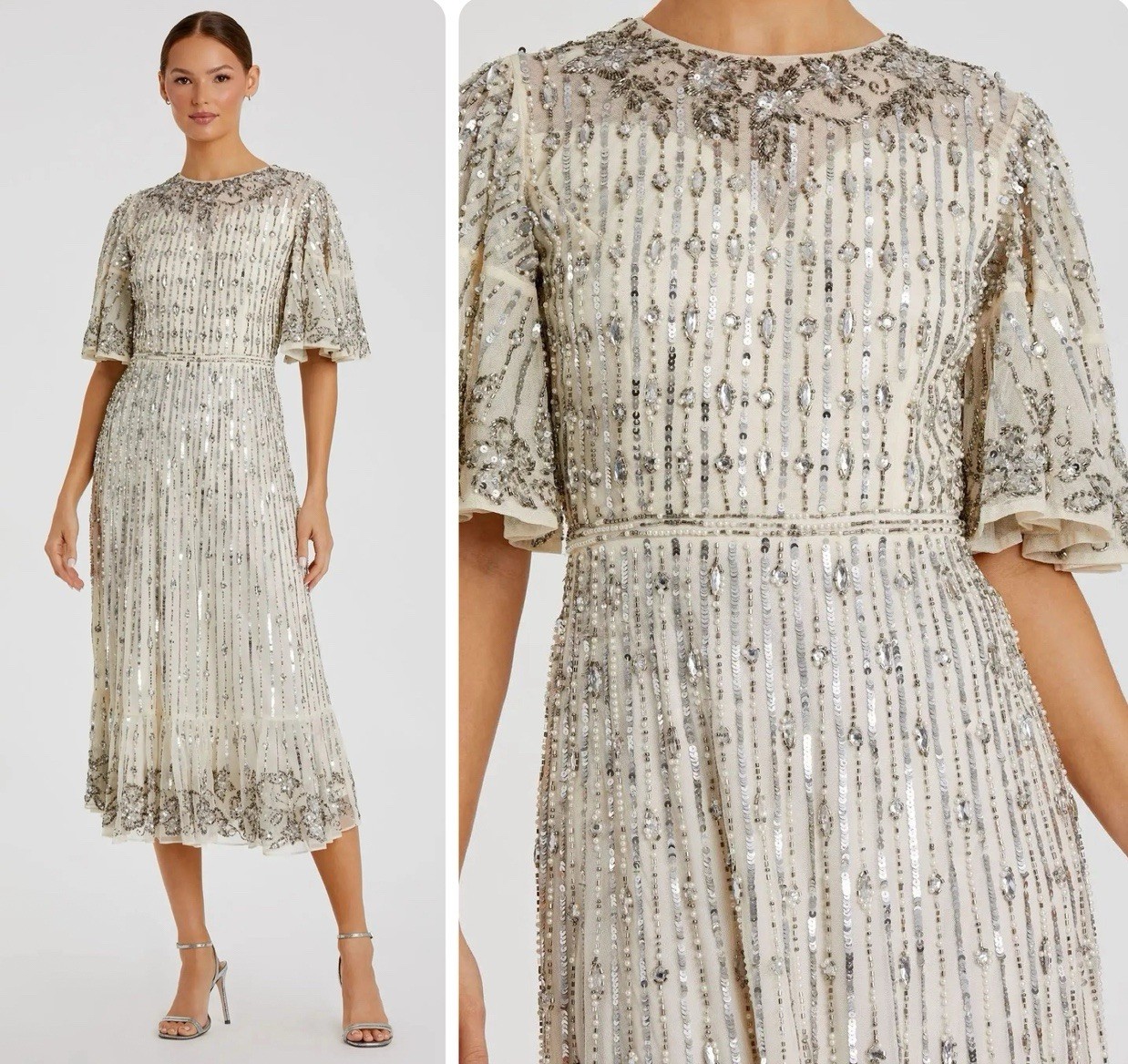 Mac Duggal 5579 Sequined Midi Dress Size 12 Nude Silver Short Flounce Sleeve NWT