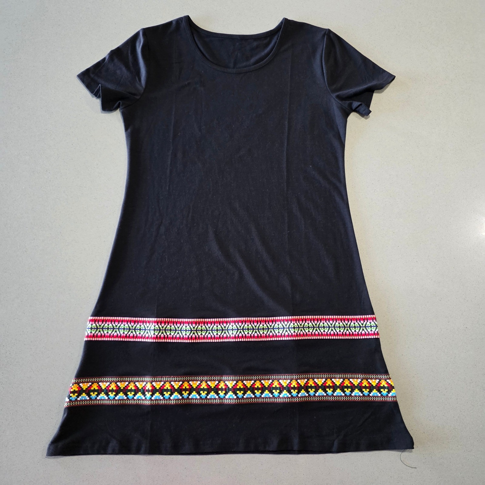 Black Short Sleeve Embroidered Hem T-Shirt Dress Bohemian Geometric Mini Dress