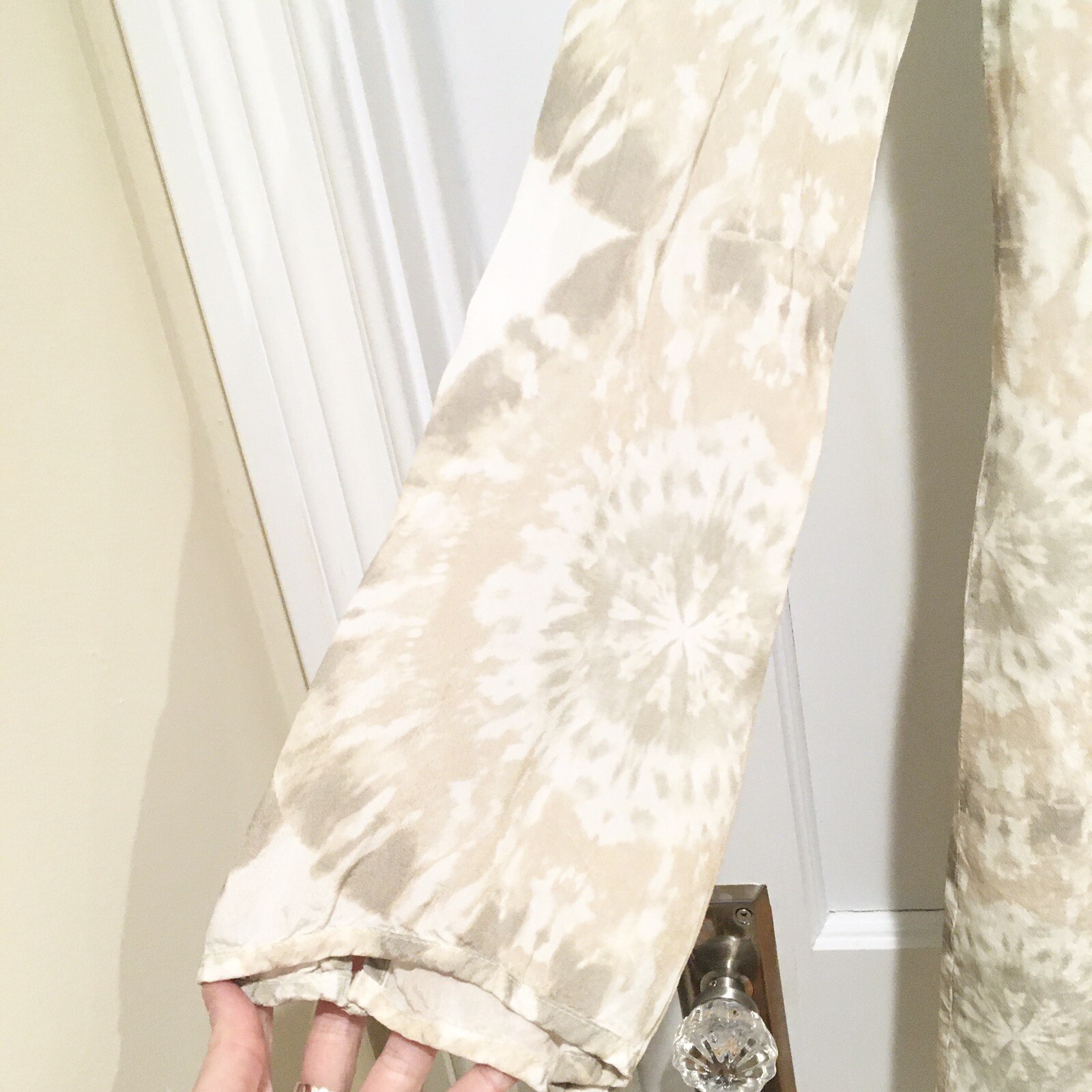 Winston White Bardot Dress Cream Tie Dye XS Boho Tassels Open Back Bell Sleeve