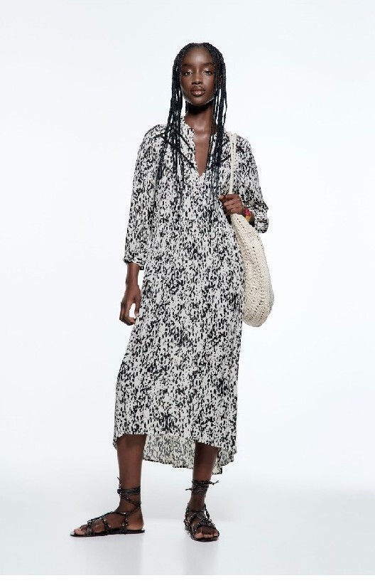 ZARA Printed Dress With Lace Medium M Midi Holiday Assymetric Hem Boho Tunic