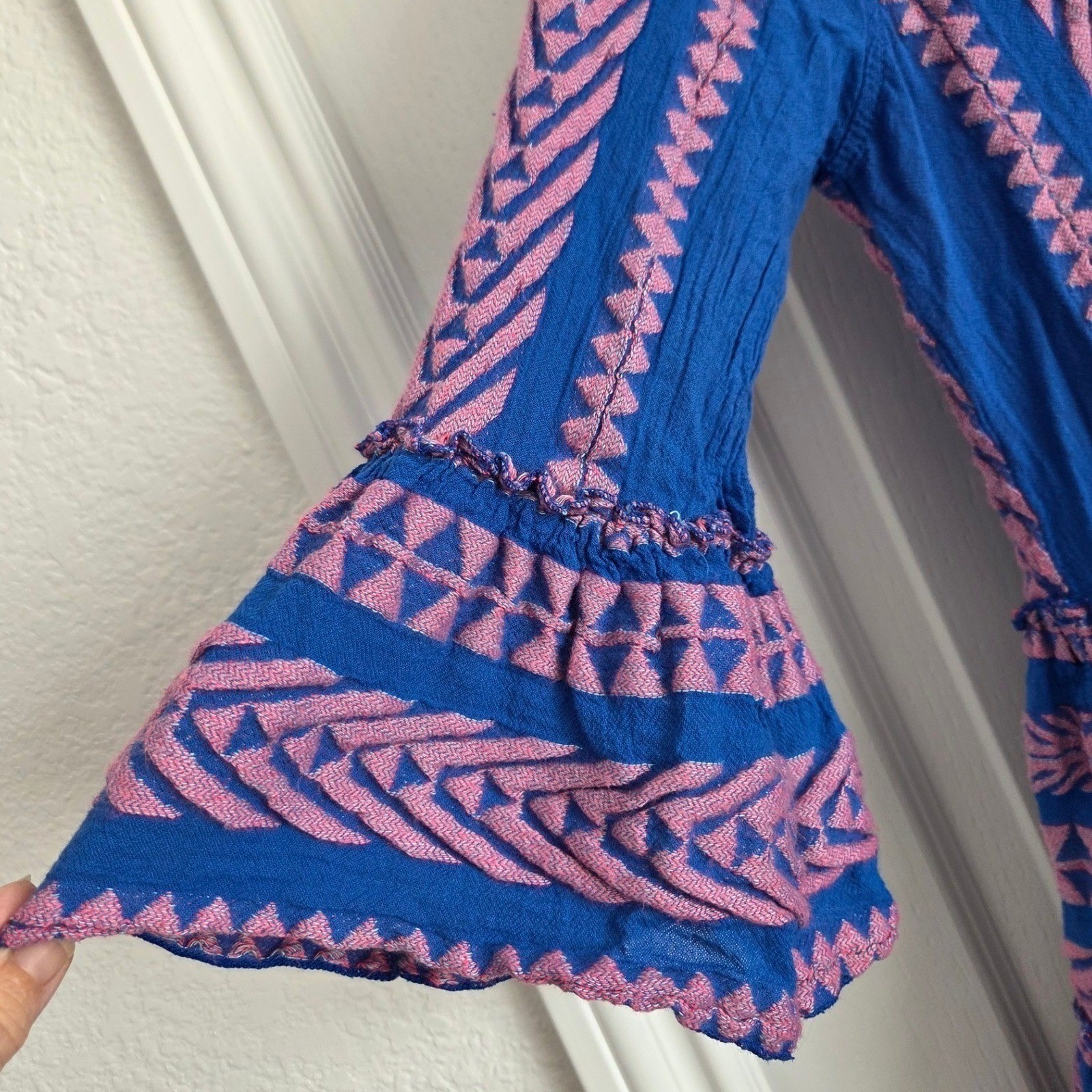 Devotion Twins Anthro Blue Pink Geometric Woven Tier Bell Sleeve Mini Dress Sz S