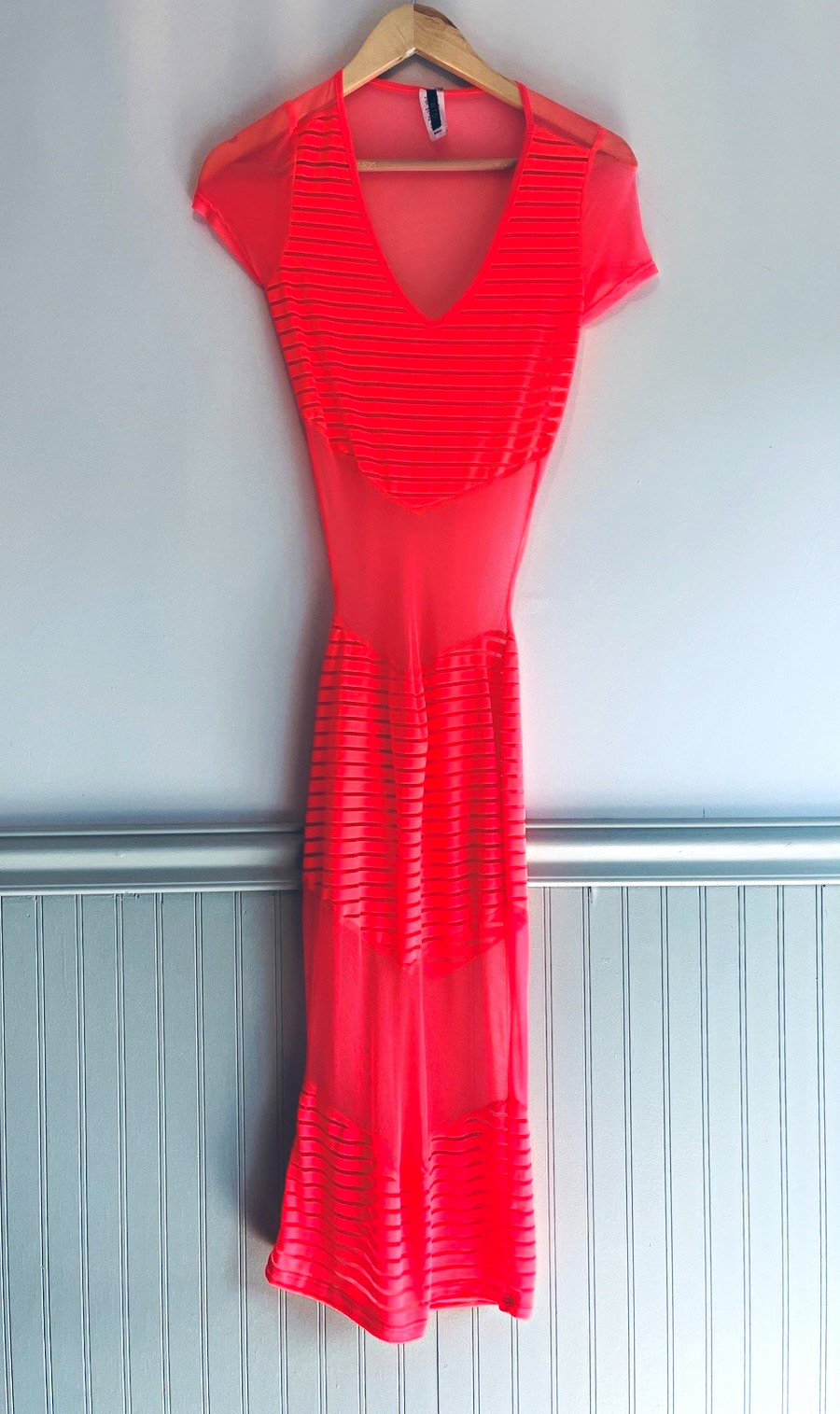 Vintage WTD Orange Sheer Mesh Striped V-Neck Short Sleeve Maxi Dress Women S