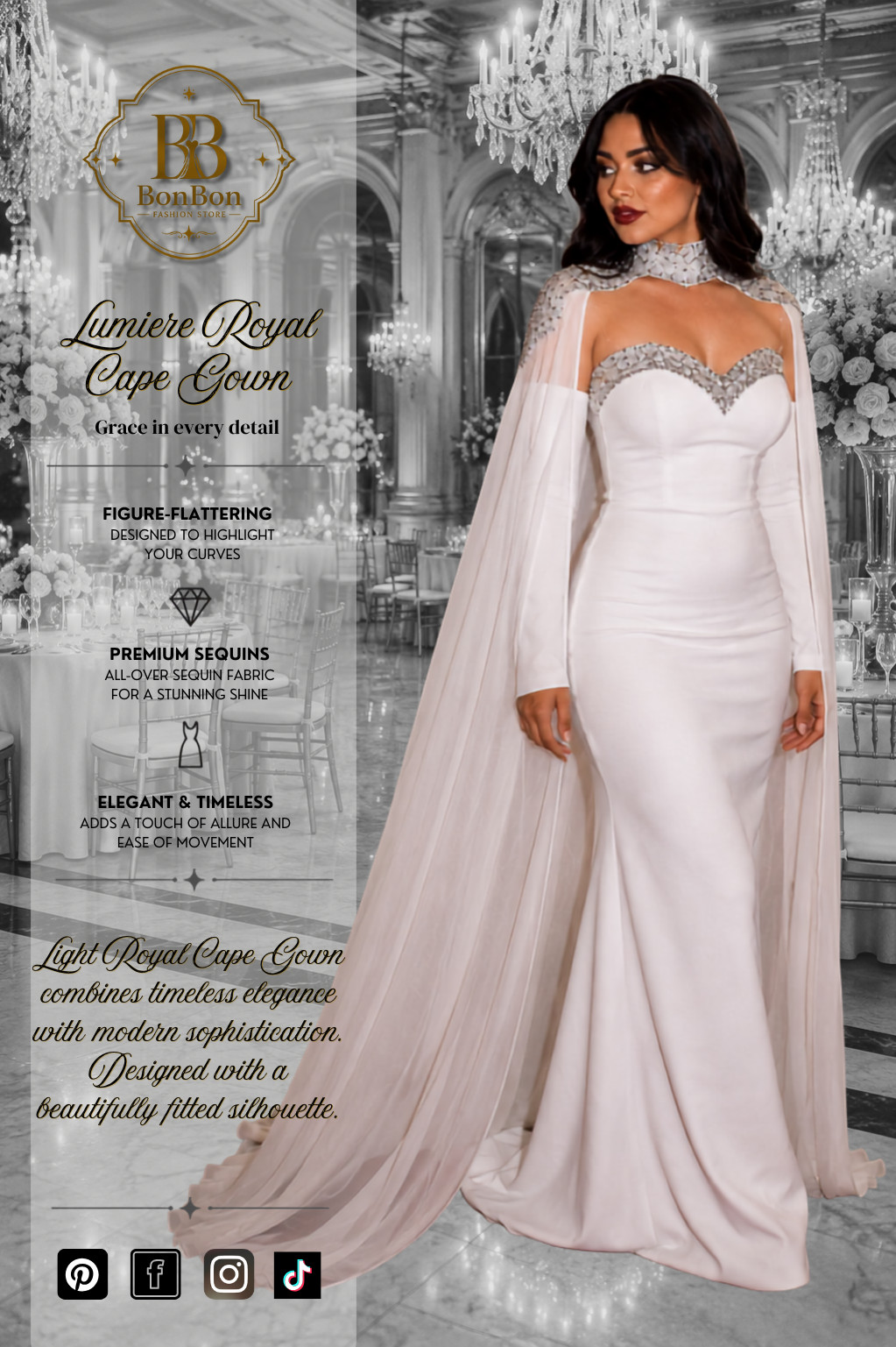 White Cape Evening Dress Mermaid Formal Gown Long Sleeve Luxury Maxi Dress
