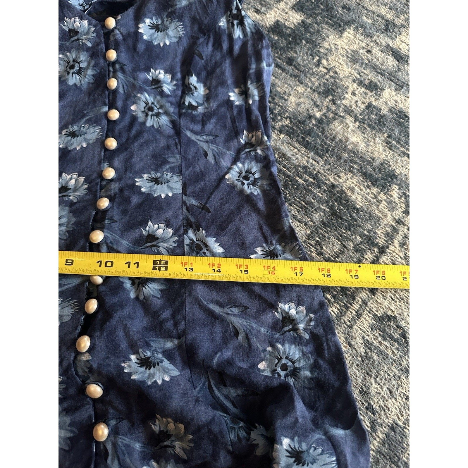 Vintage Floral Dress Pearl Button Front Cottage Y2K 90s Sz.3/4 Blue Strappy Back