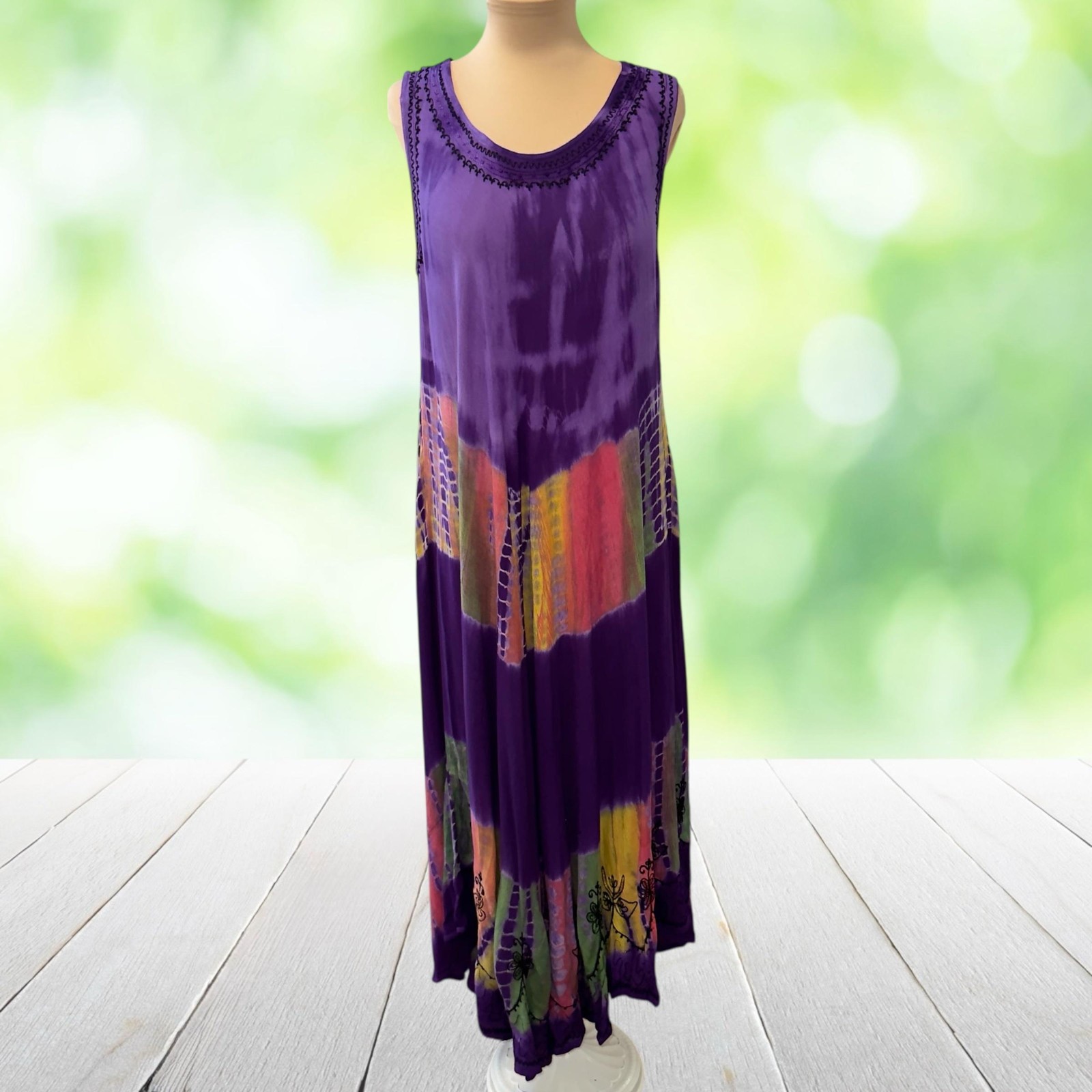 INDIA BOUTIQUE Maxi Tank Dress Embroidered Tie Dye Boho Festival Purple One Size
