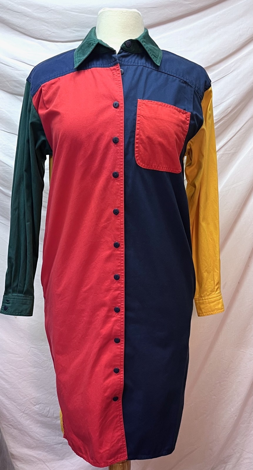 Vintage 1980s Liz Claiborne 100% Cotton Shirt Primary Color Block Dress 6P