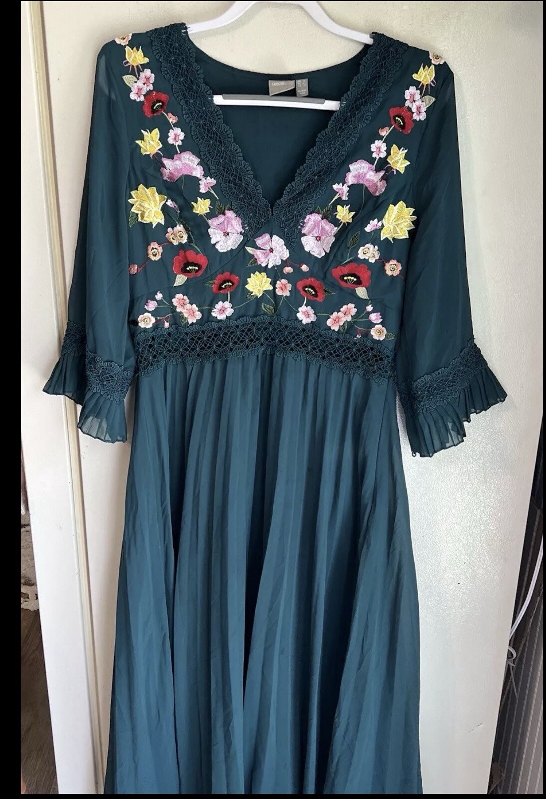 Asos Design Curve Lace Insert Pleated Midi Dress Size 10 Embroidered Floral
