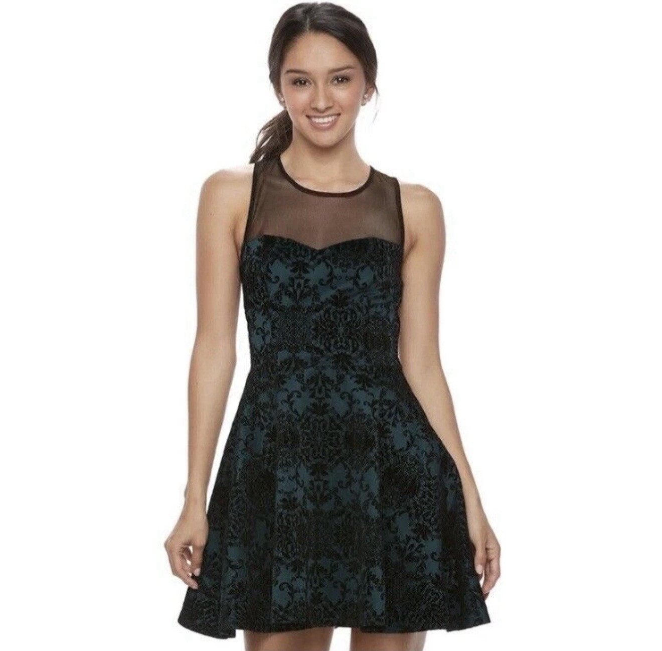 Trixxi Sleeveless Sz L Floral Velvet Black Teal Mesh Above Dress Artsy Fairy