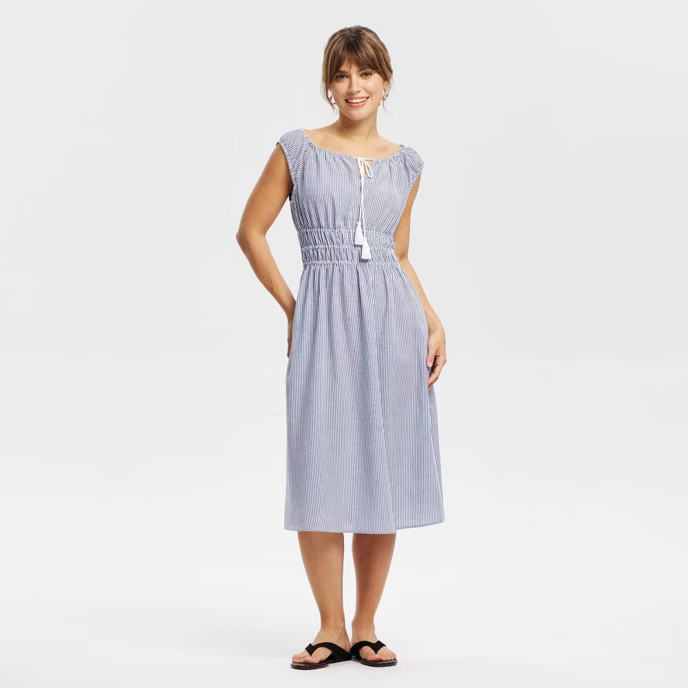 Women Cap Sleeve Tassel Drawstring Midi Dress – Universal Thread Blue Striped
