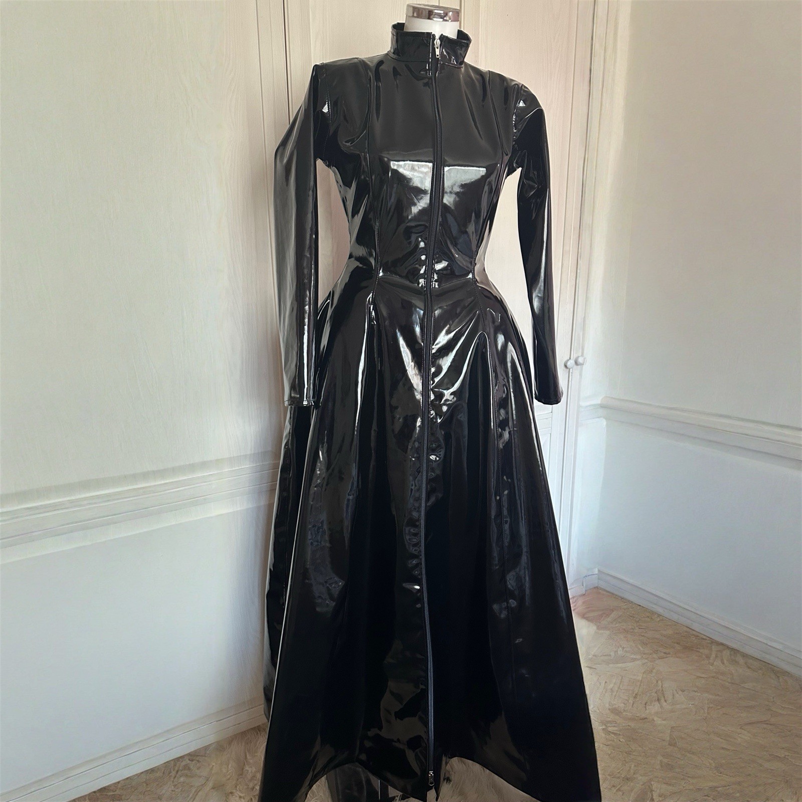 Misfitz black PVC skater dress /coat, two way zip. SIZE 18. Goth CD Matrix