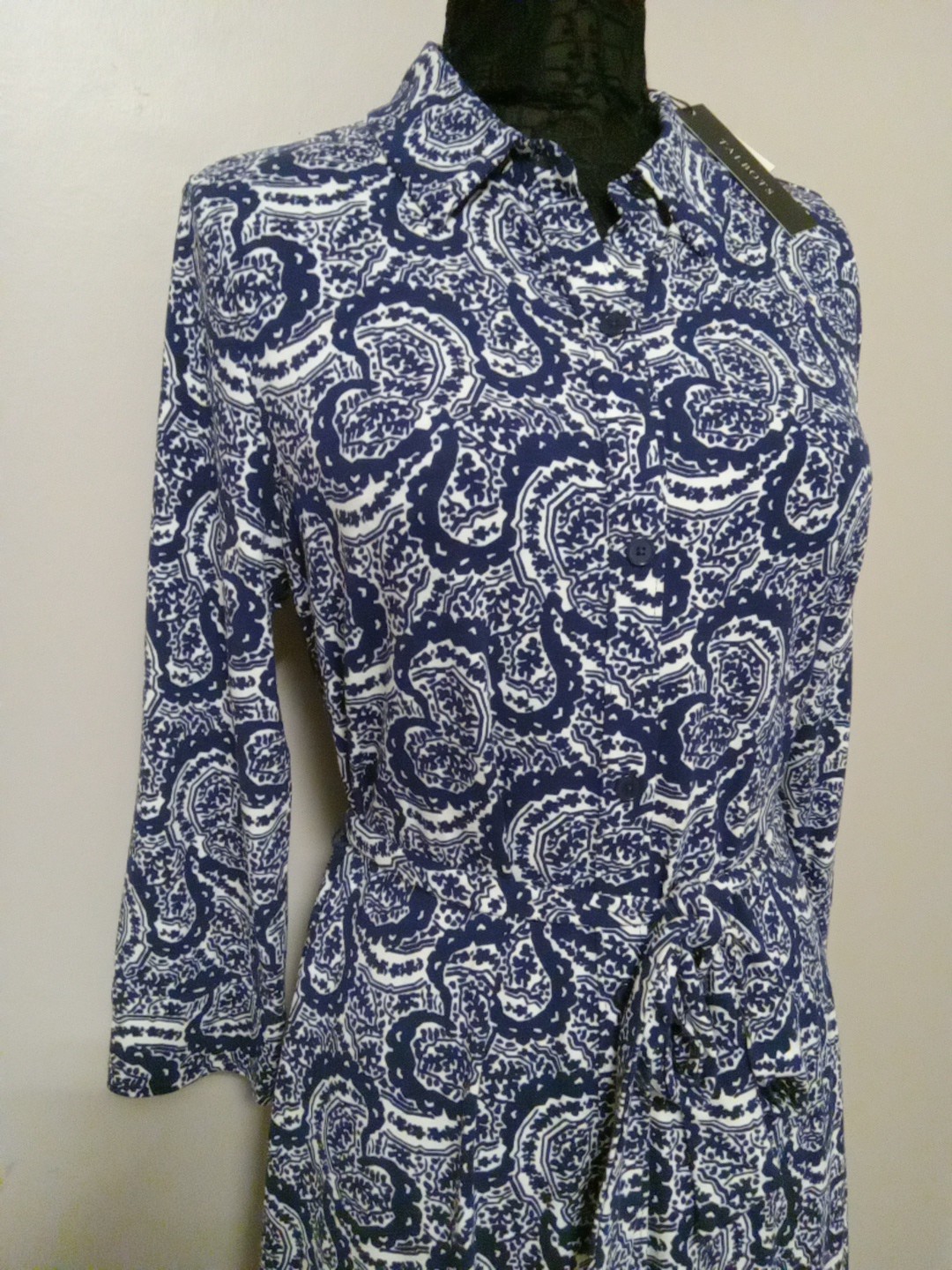 Talbots Women Blue White Paisley Collar Button Down Midi Dress Size L