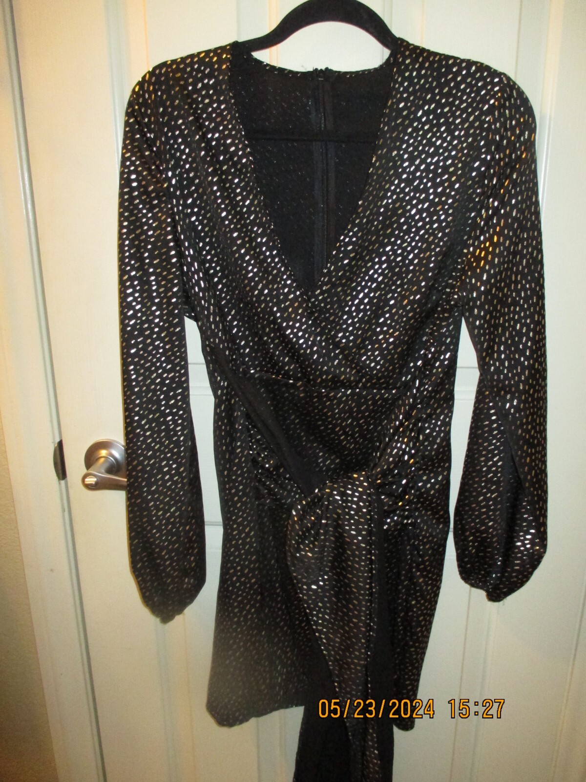 NEW COTTON POLY BLACK&GOLD SPECK MINI DRESS! CROSS OVER TOP WIDE TIE BOW SIZE XL