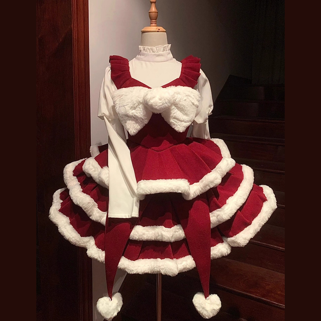 Lolita Red Dress Sweater Cake Skirt Cosplay Costume Xmas New Year Outfit Winter