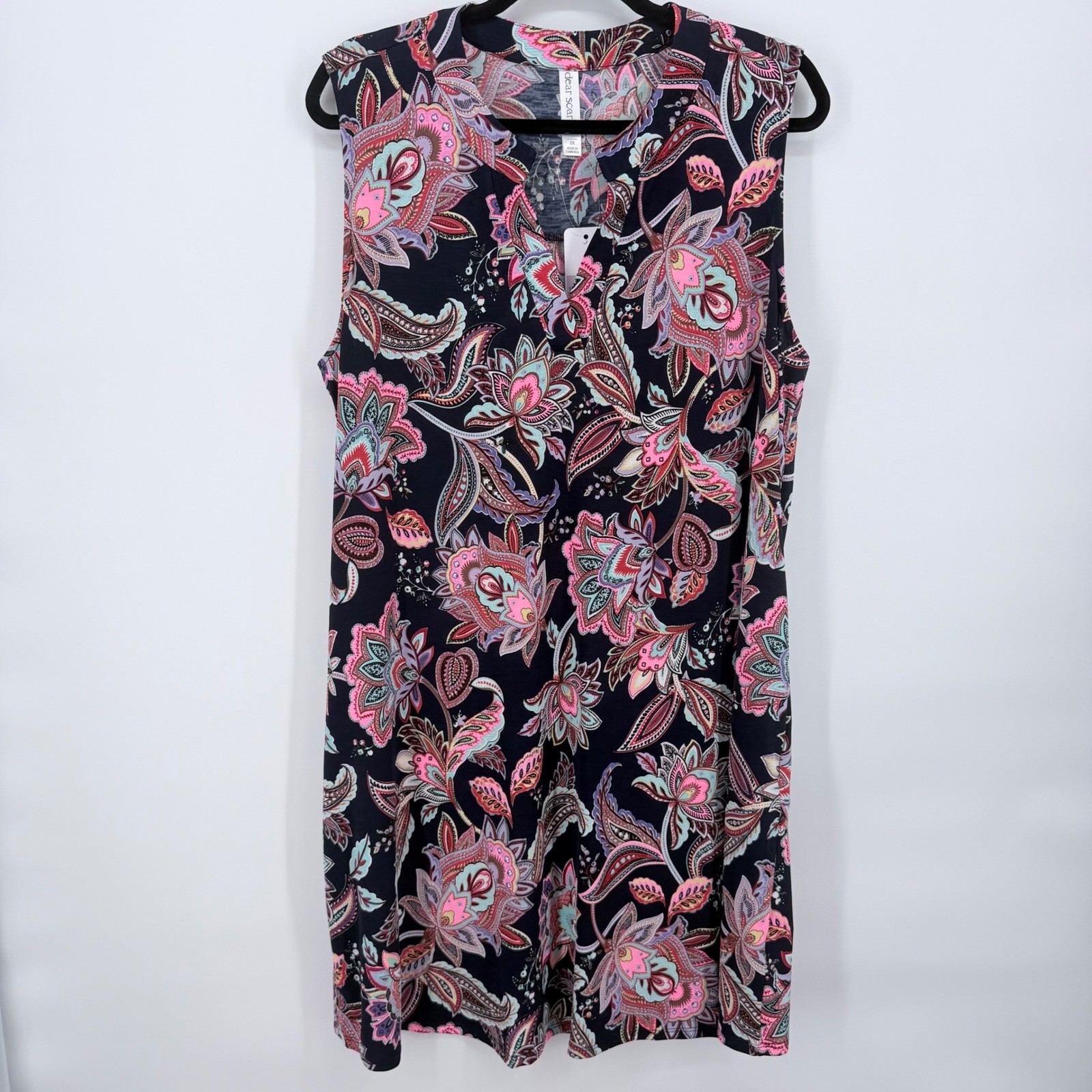 Dear Scarlett Poly Spandex Dress Womens 2X Navy Paisley New Sleeveless wPockets