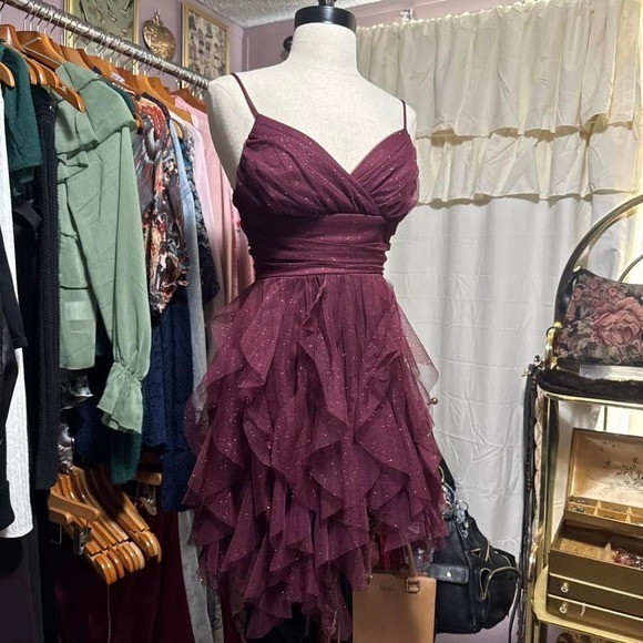 Burgundy Glitter Ruffle Party Dress
