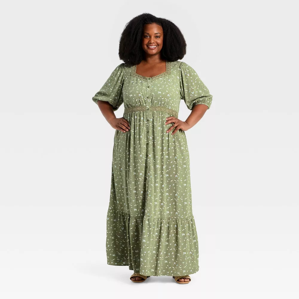 Women’s Elbow Sleeve Button-Front Lace Trim Maxi Dress – Ava & Viv
