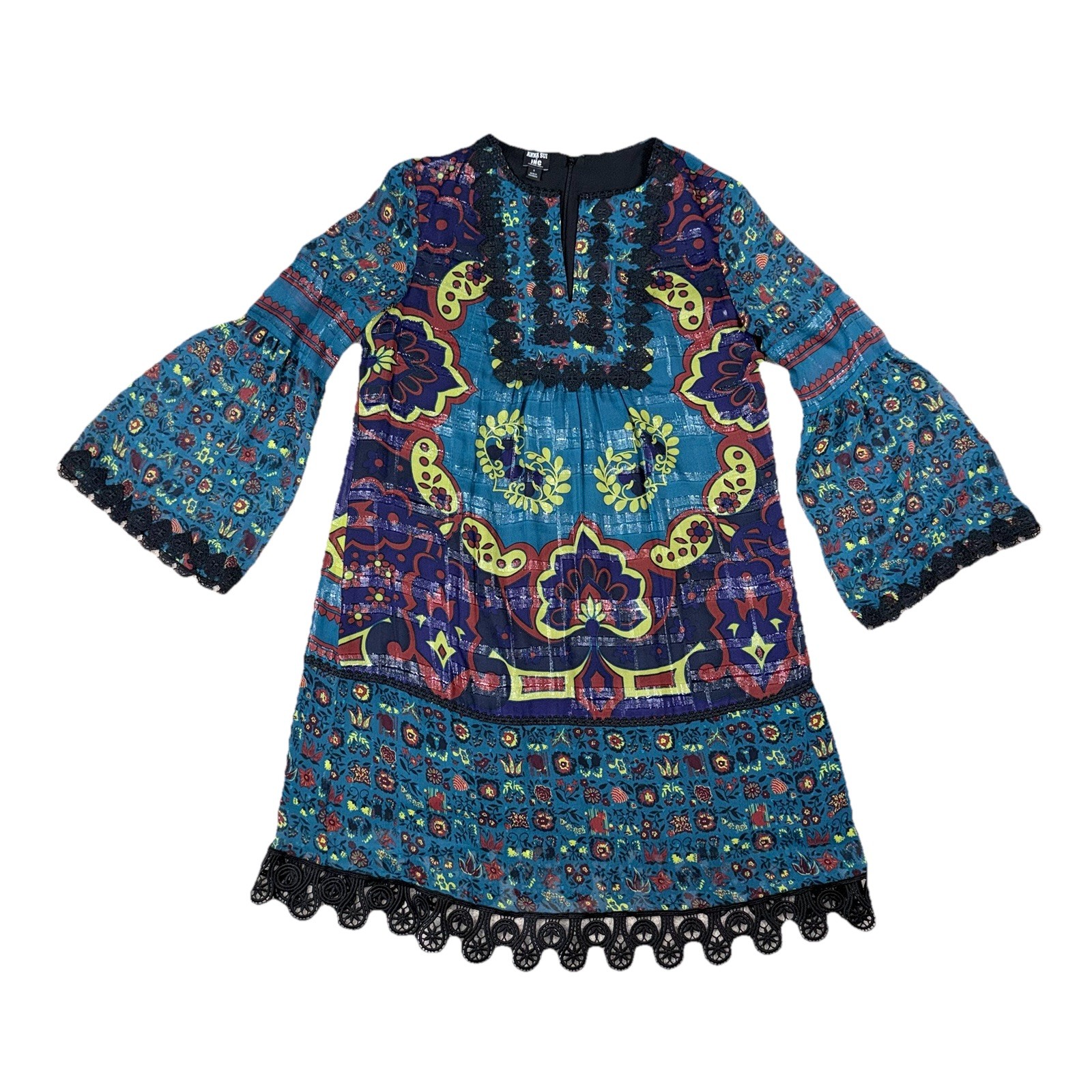Anna Sui x INC Collab Boho Silk Blend Dress S Mini Teal Floral Bell Sleeve Lace