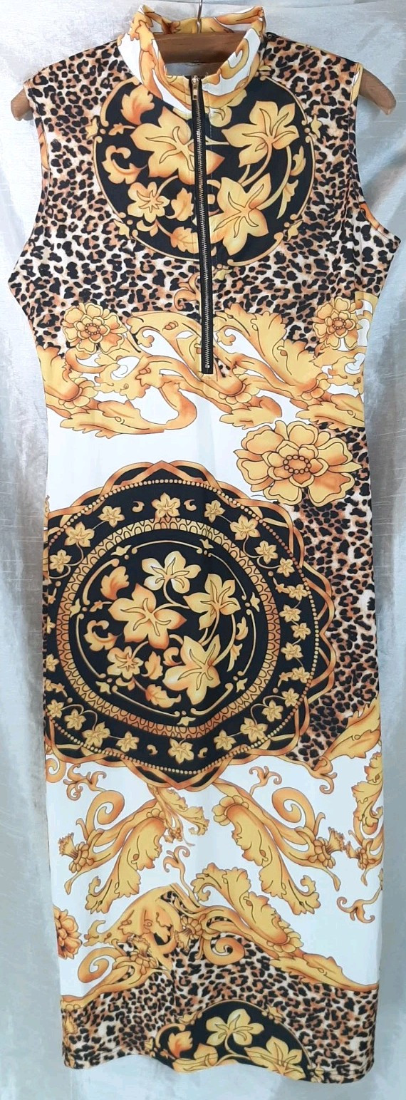 NWOT Zip Down V-neckline Bodycon Midi Dress Strap Tie Waist Floral/Animal Print