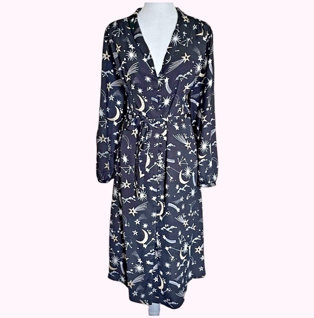 Joanie Babs Celestial Retro Black Moon Star Vneck Long Sleeve Midi Dress Sz 14