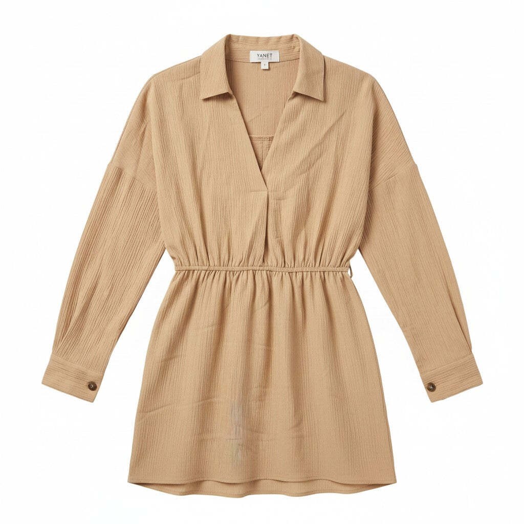 Beige Long Sleeve Button-Up Dress with Elastic Waist