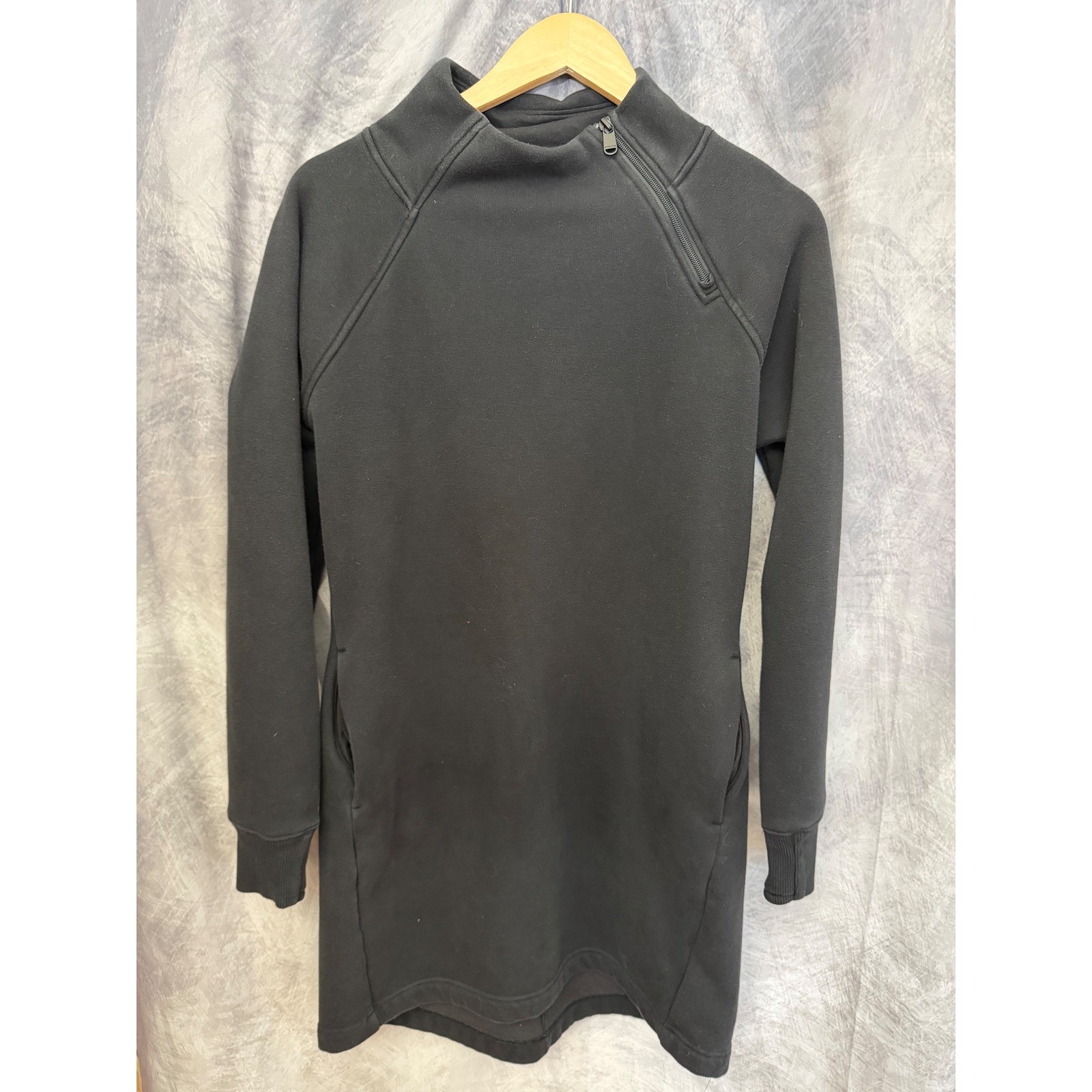 Athleta Womens Black Asymmetrical Zip Fleece Lined Sweatshirt Dress Medium