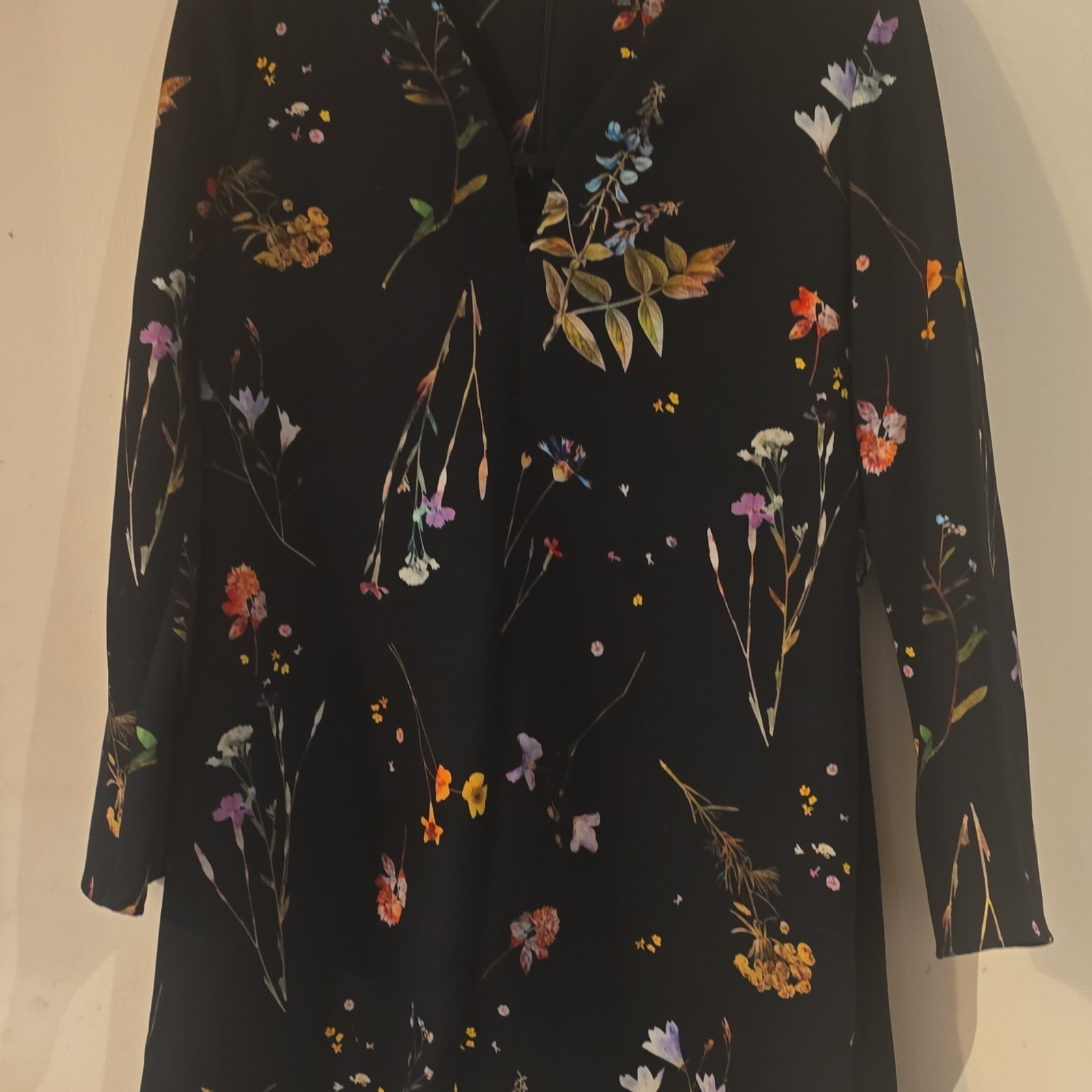 Topshop Black Floral Cowl Neck Long Sleeve Short Mini Woven Dress sz 12 Regular