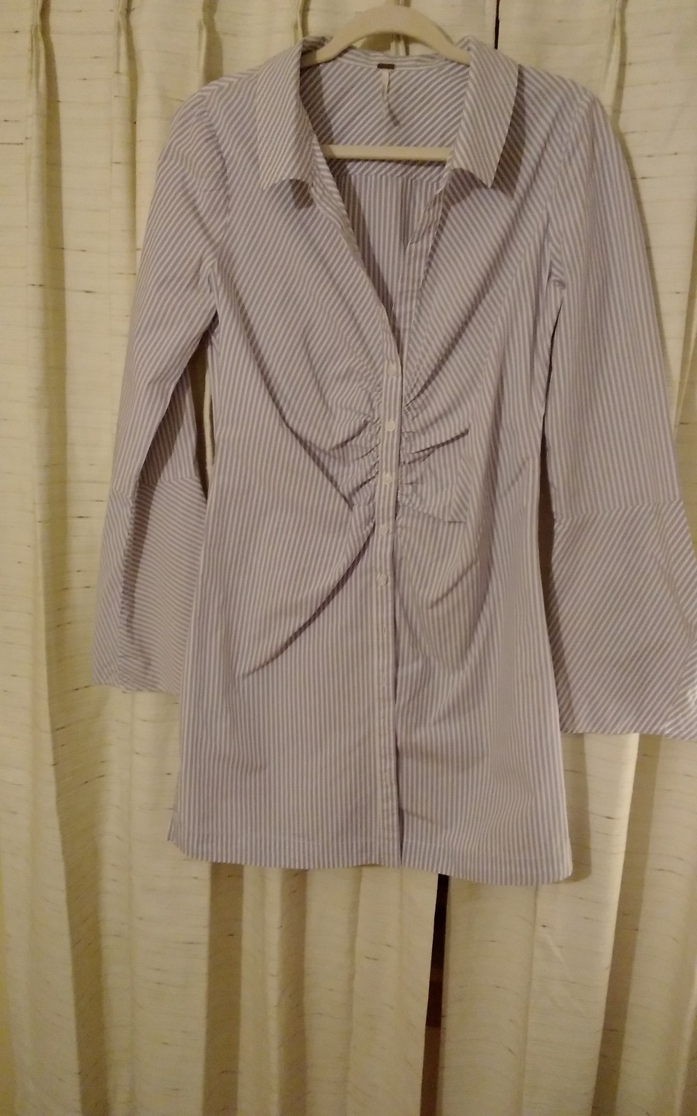 Free People Center Gathered Bell Sleeve Striped Shirt Dress Blue Med