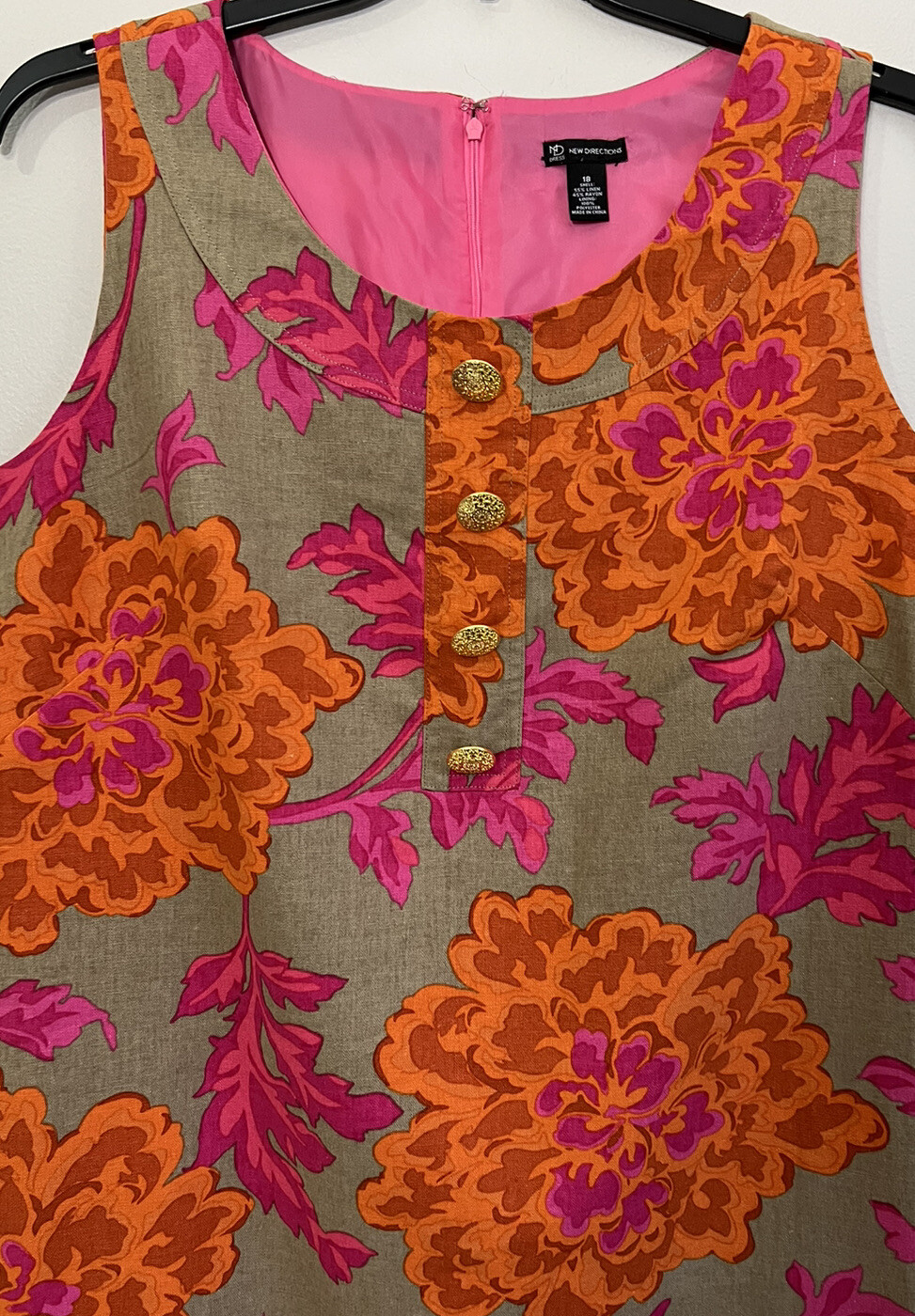 ND New Directions Sleeveless Linen Floral Dress Lined Button Womens Plus 18 New