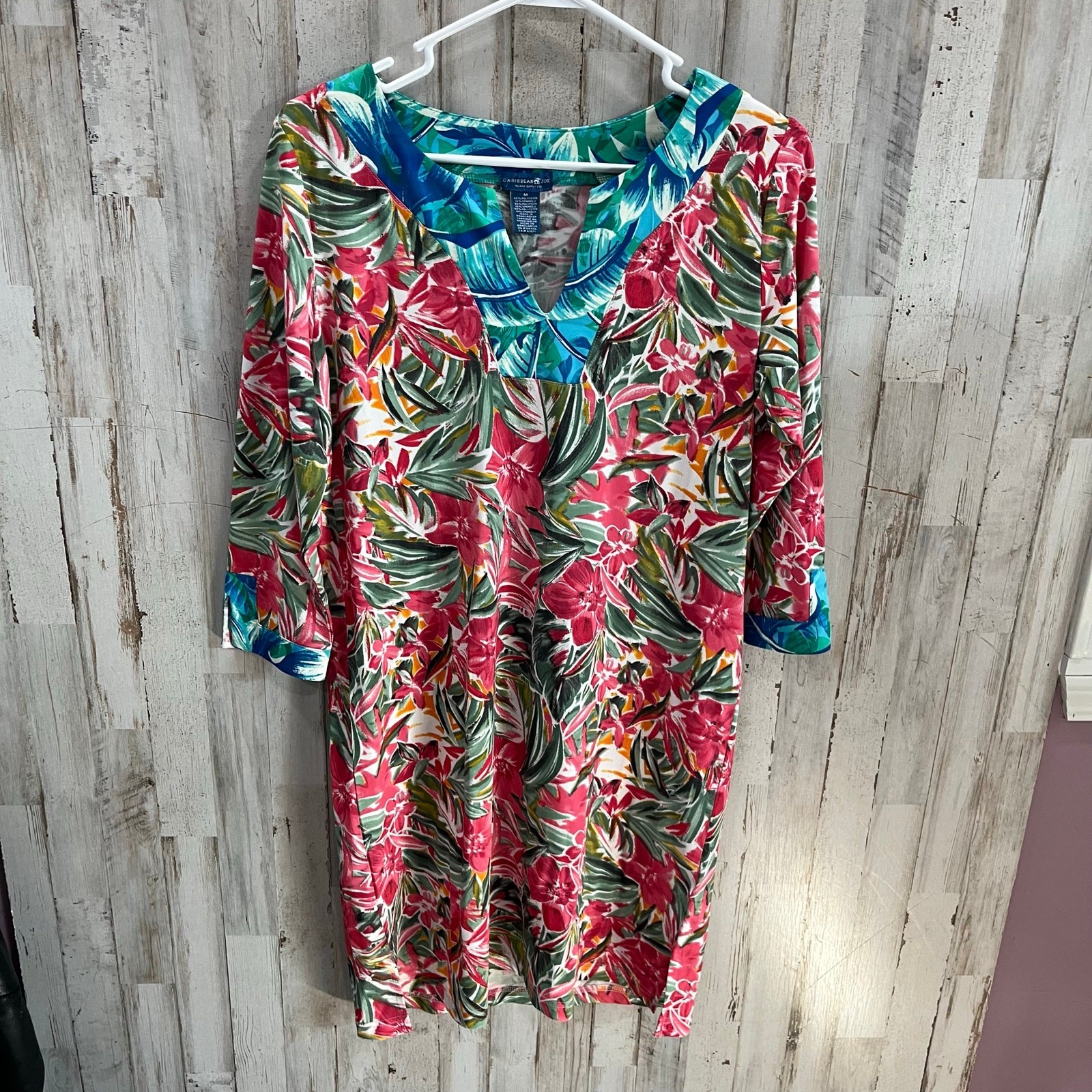 Caribbean Joe Dress Womens Medium Tropical Print Notch Bracelet Sleeve Caftan