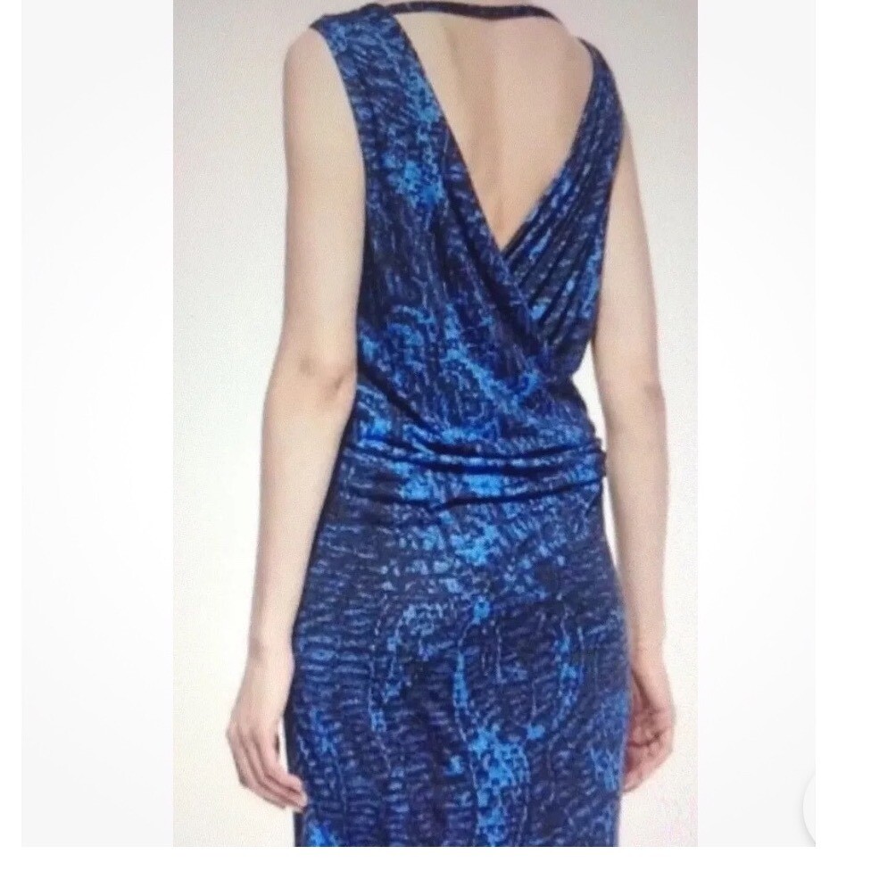 VTG Helmut Lang Sheath Dress Small Blue Black Abstract Print Draped Open Back
