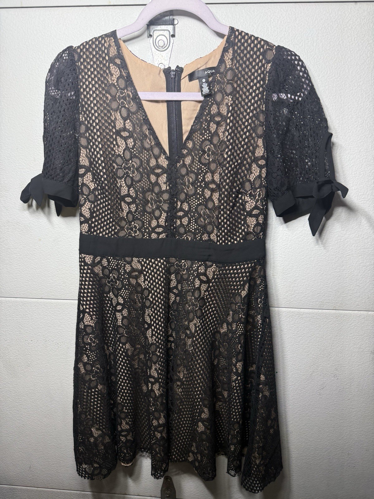 AQUA Black Lace V-Neck Dress with Nude Lining and Tie Sleeves Size S