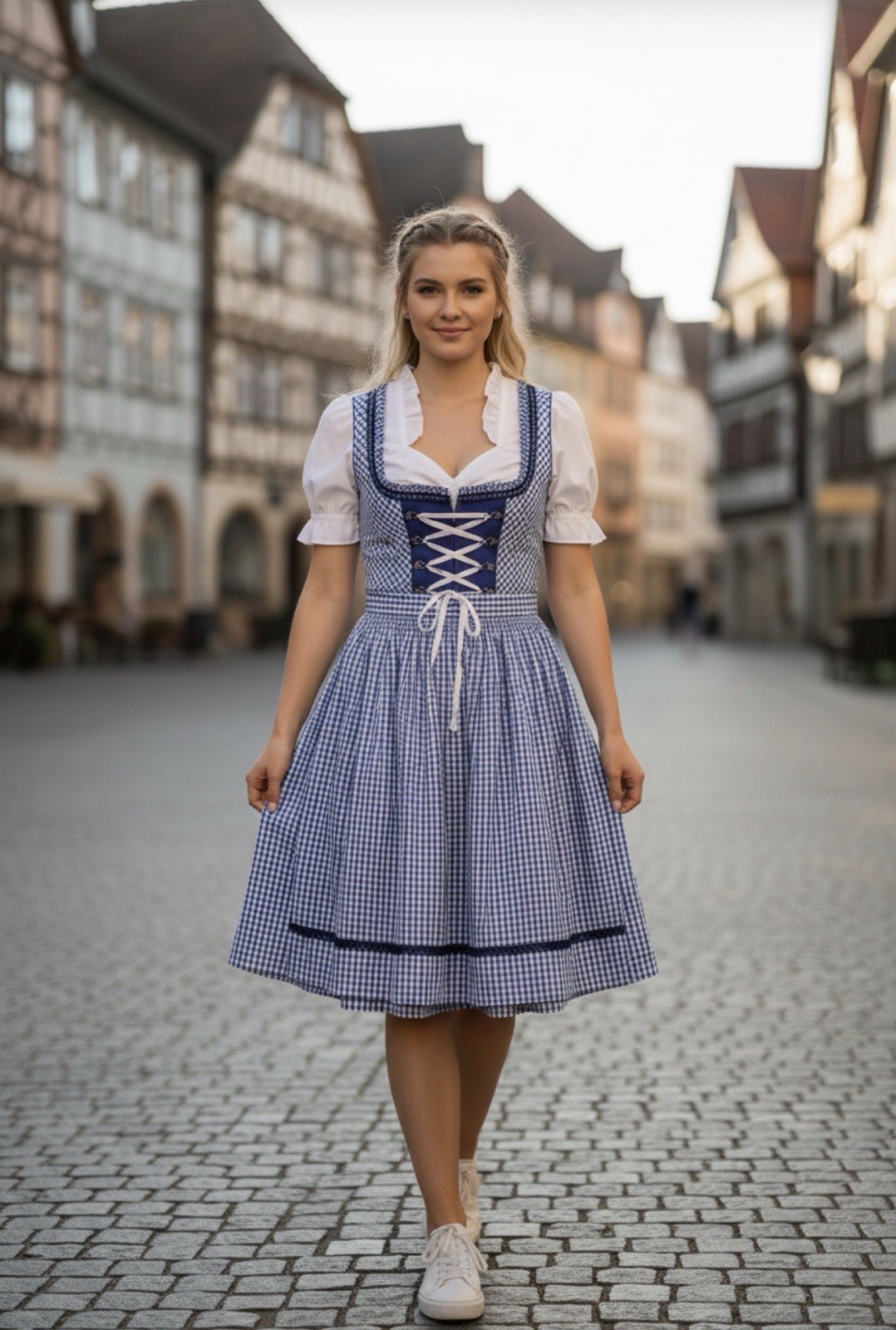 NWT GloryStar Gingham Blue Bavarian Dirndl Oktoberfest Dress Zip Up Lace Large