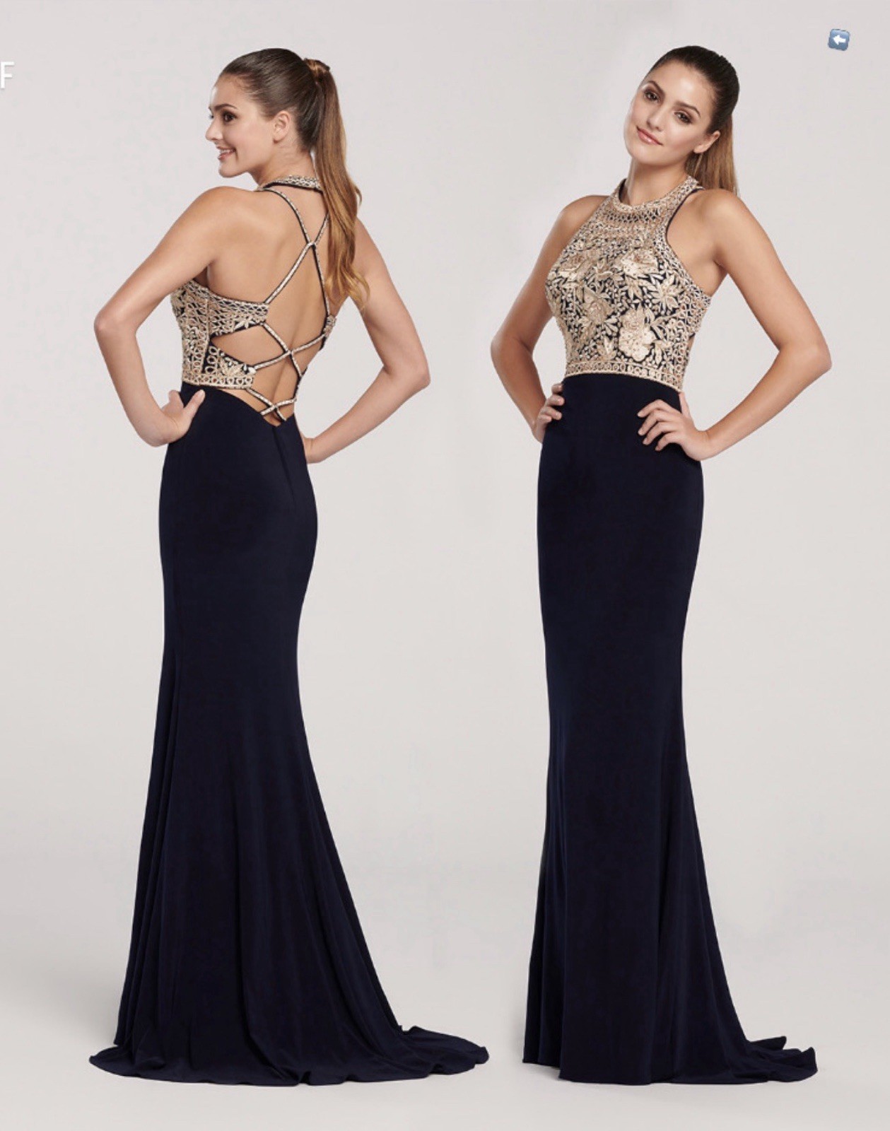 Ellie Wilde EW119167 Navy And Gold Fitted High Neck Prom Dress Size UK 6