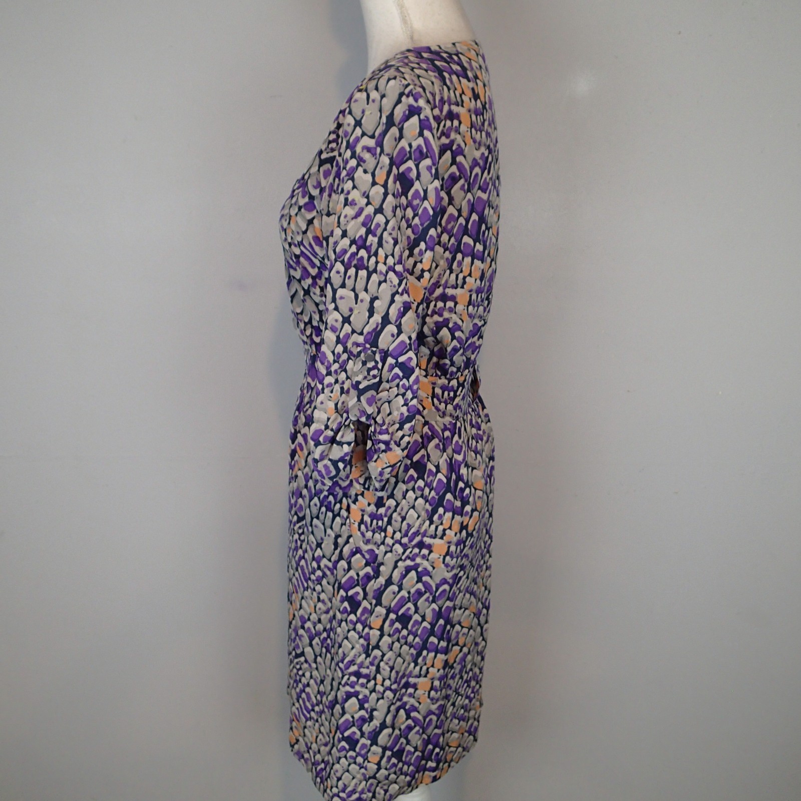 Presley Skye Dress xs Gray Purple Wrap Silk Roll Tab Sleeve v neck pockets