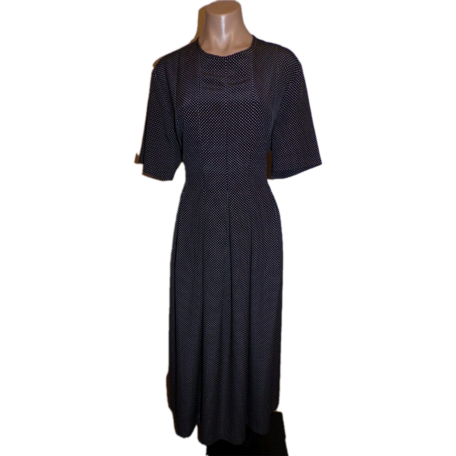 Vintage Orvis Dress Size 16 Womens Black White Pin Dot Pleated A-Line Belted