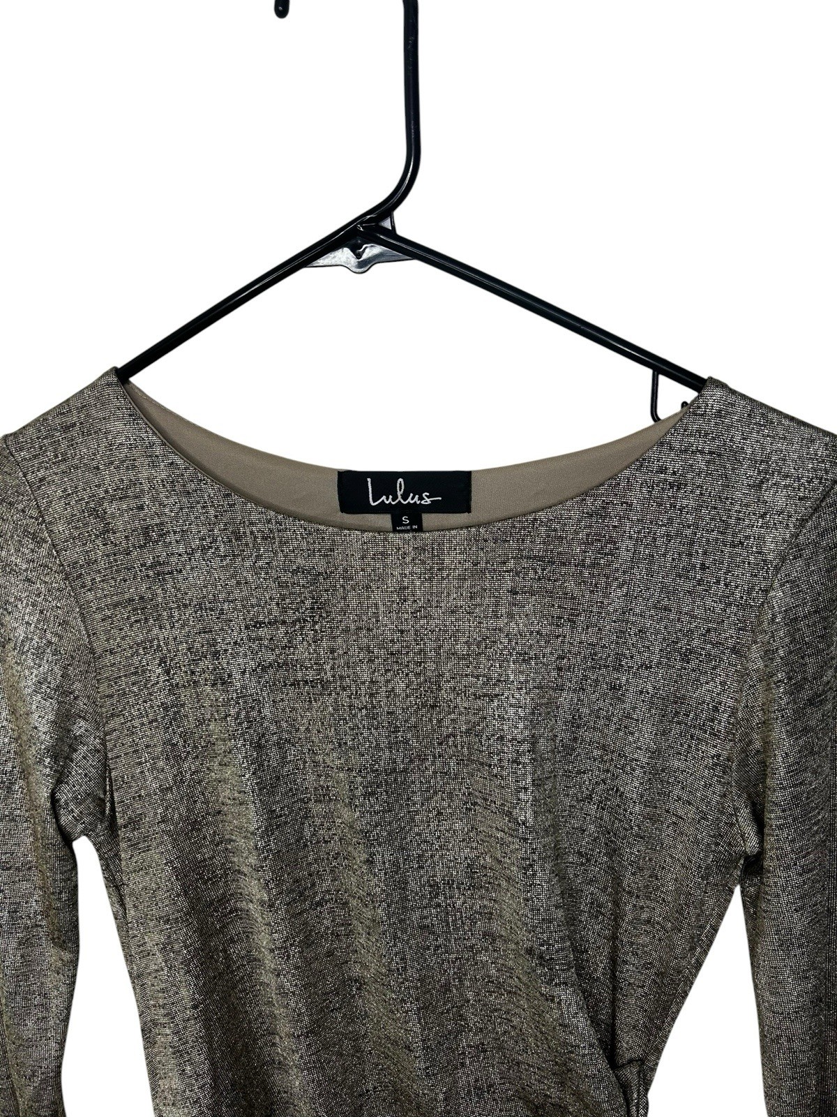 Lulus Silver Metallic Ruched Lined Stretch Boat Neck Long Sleeve Bodycon S