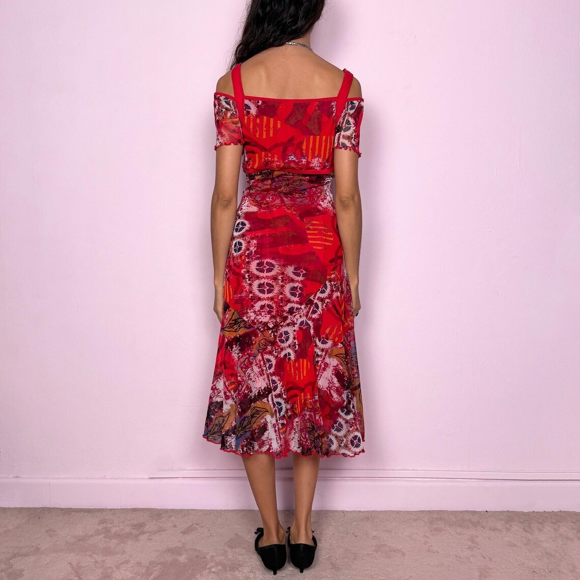 Vintage Red Midi Dress Graphic Mesh Sheer Maximalist Deconstructed Y2K Size L