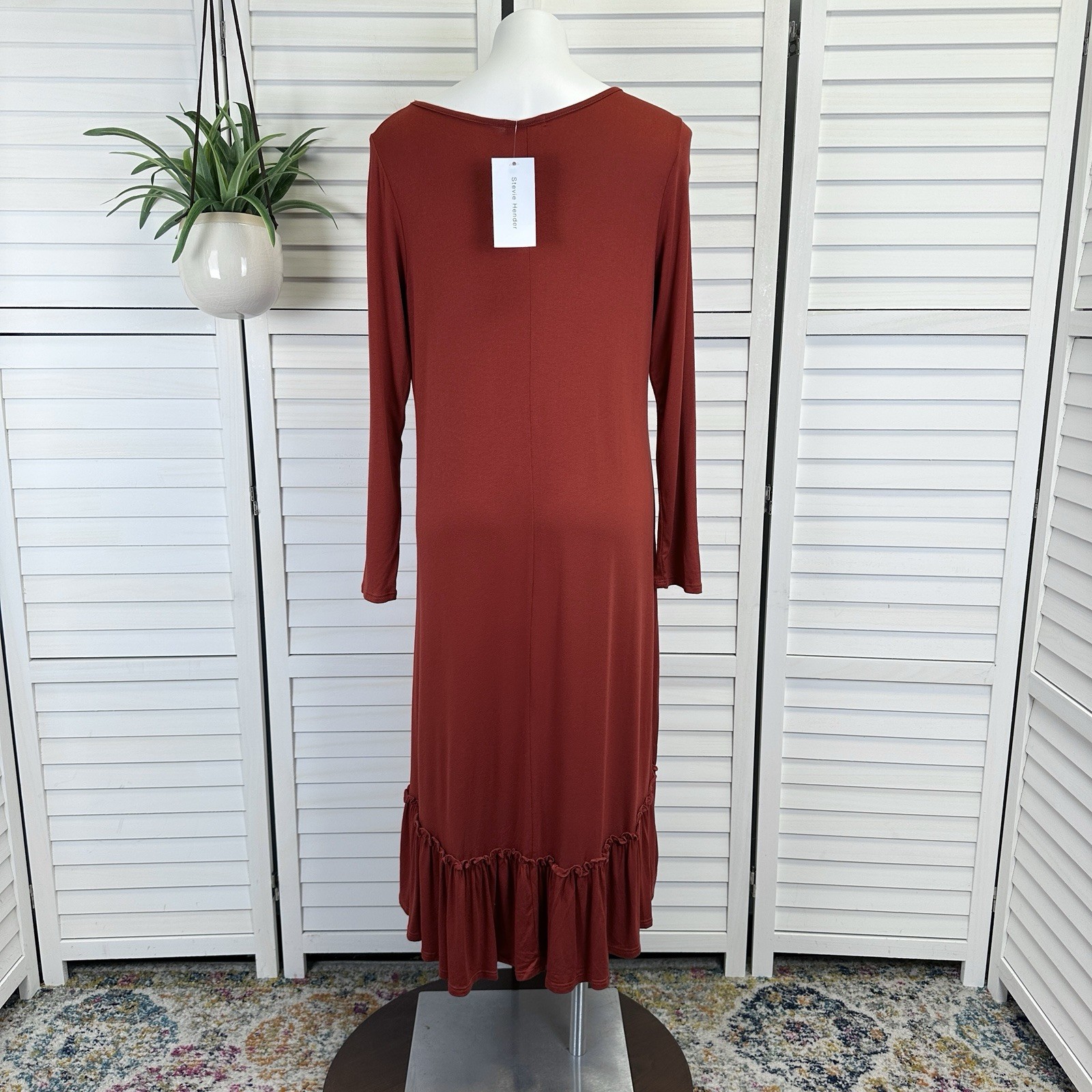 New Stevie Hender Brick Red Tiered Maxi Dress Long Sleeve Stretch Knit Size L