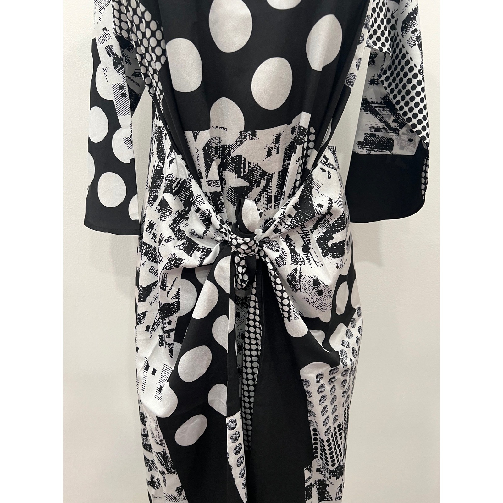 CAARA Midi Dress Womens Medium Black White Polka Dot Tie Waist ModiChic Office