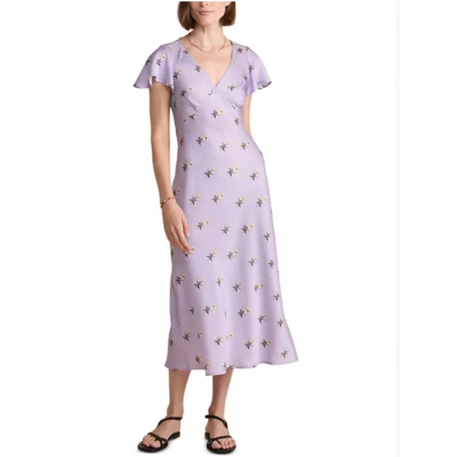 Vineyard Vines Lilac Satin Flutter-Sleeve Midi Dress with Small Floral Print