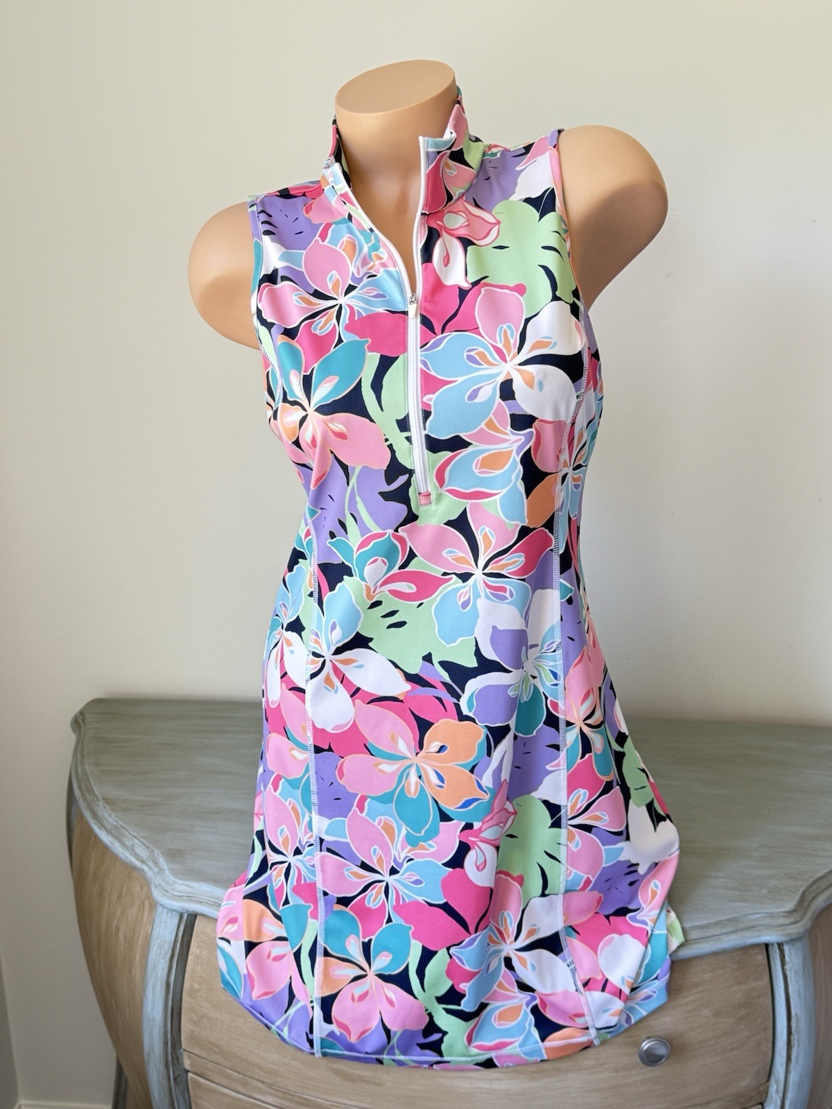 Boston Proper B Active Floral Polo Golf Dress 1/4 Zip Sleeveless S Tropical Palm