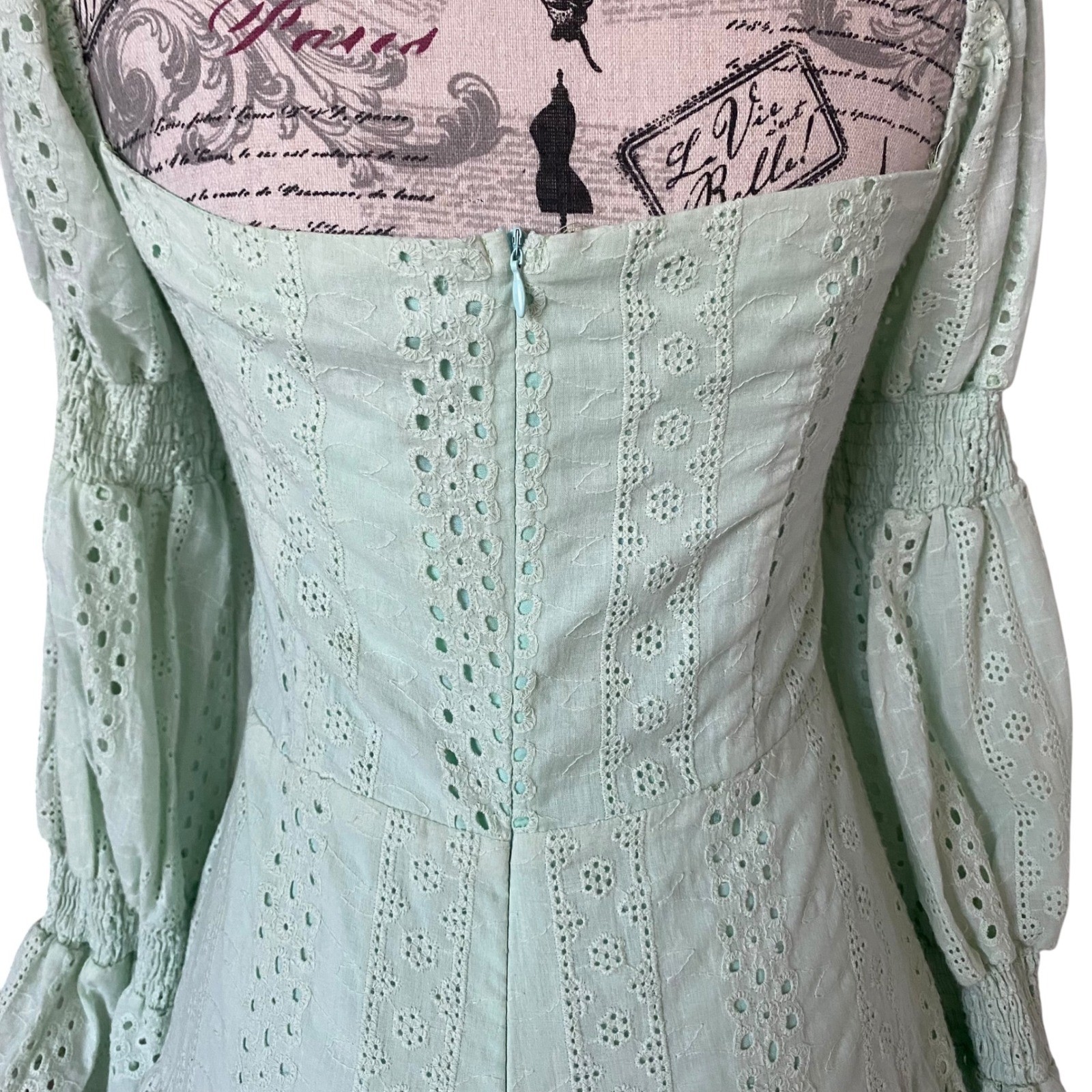 Chicways Eyelet Lace Mini Dress Womens L Mint Green Cutout Bell Sleeve NWT