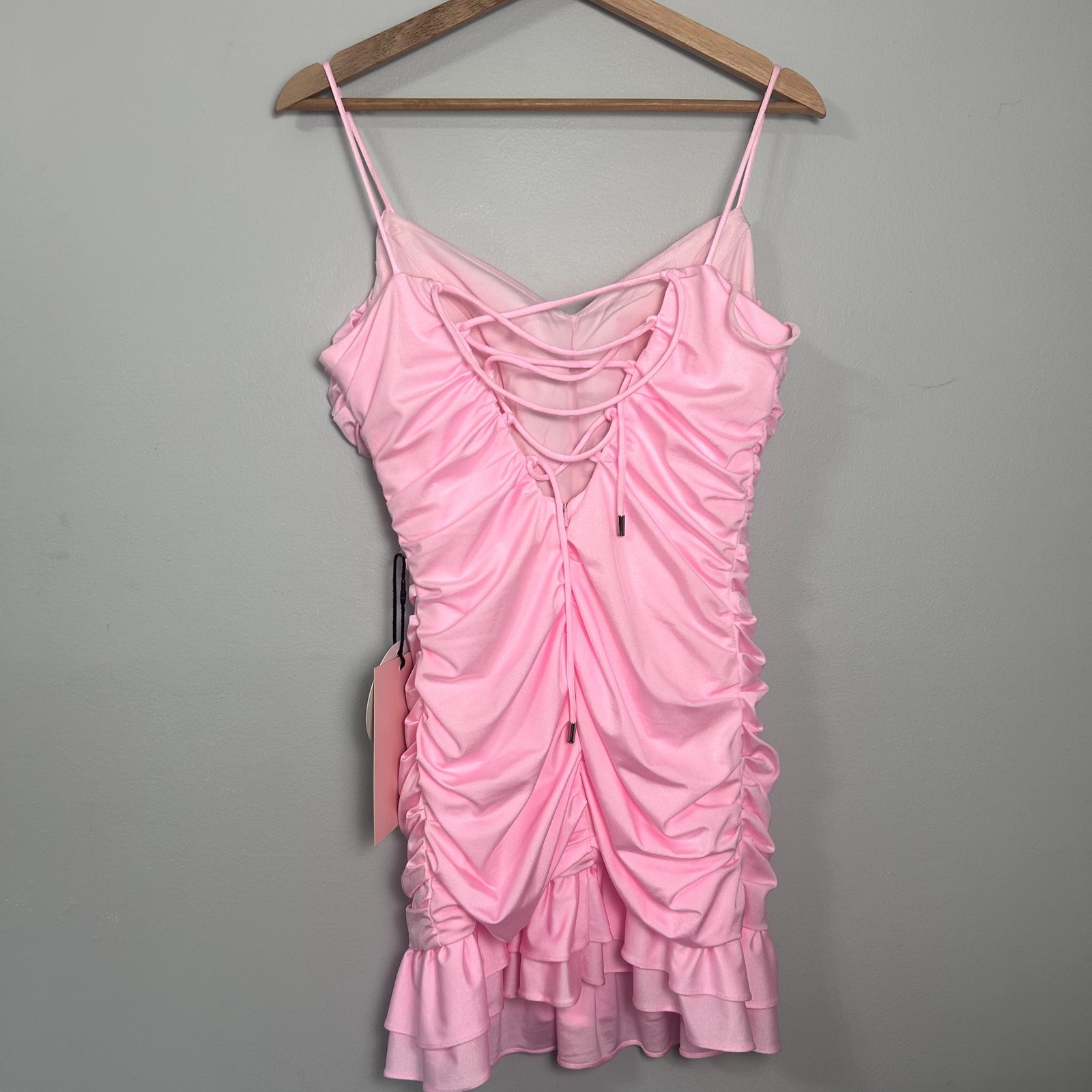 KissProm Spaghetti Strap Sheath Lace Up Back Homecoming Dress Ruched Ruffle sz 9