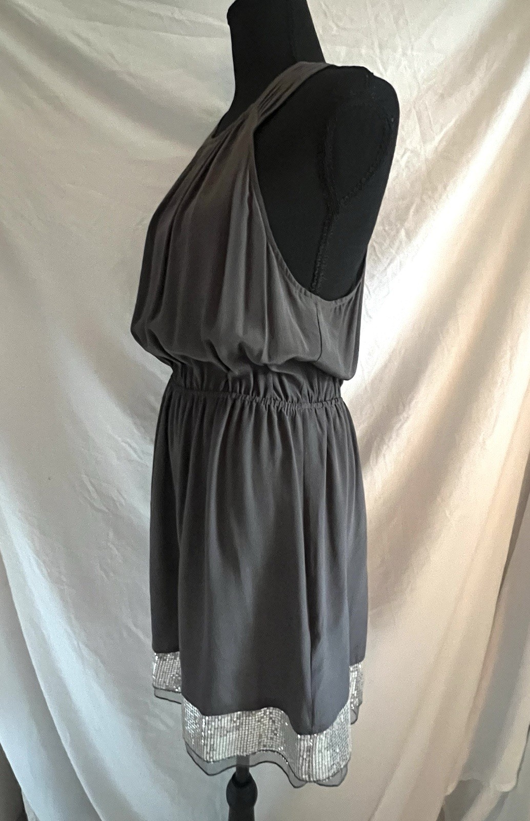 Anthropologie/ Trinity 100% Silk charcoal grey blouson mini Cocktail dress