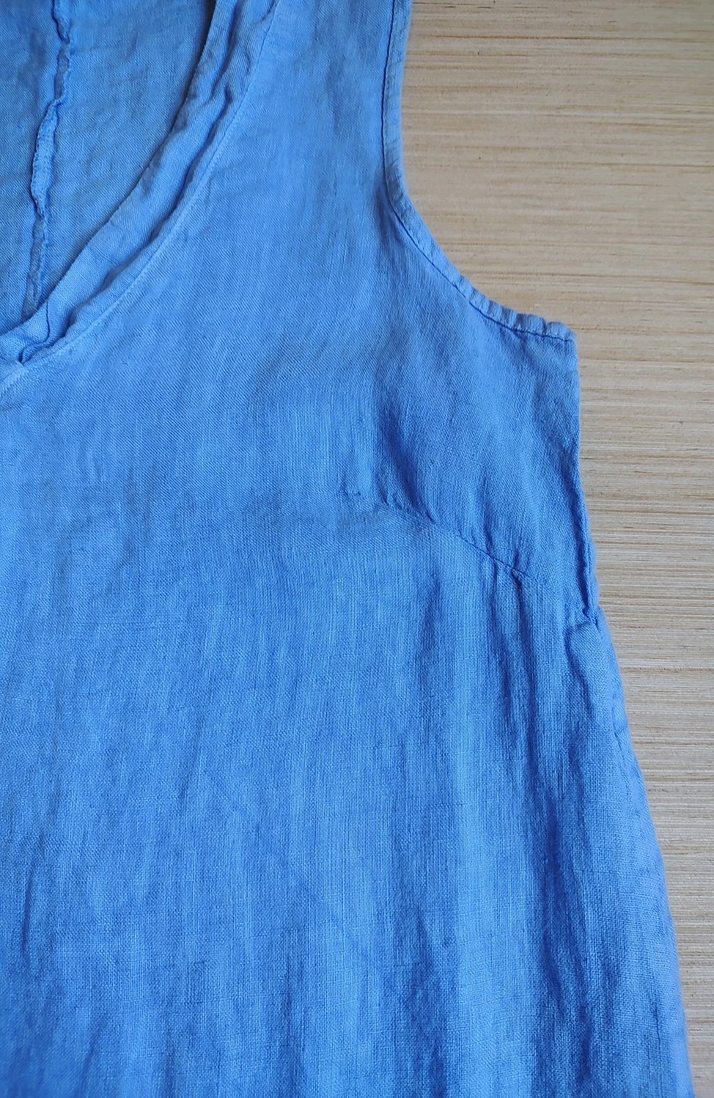 Francesca Bettini Midi Periwinkle Blue 100% Linen Dress Ruffle Hem V Neck Size M