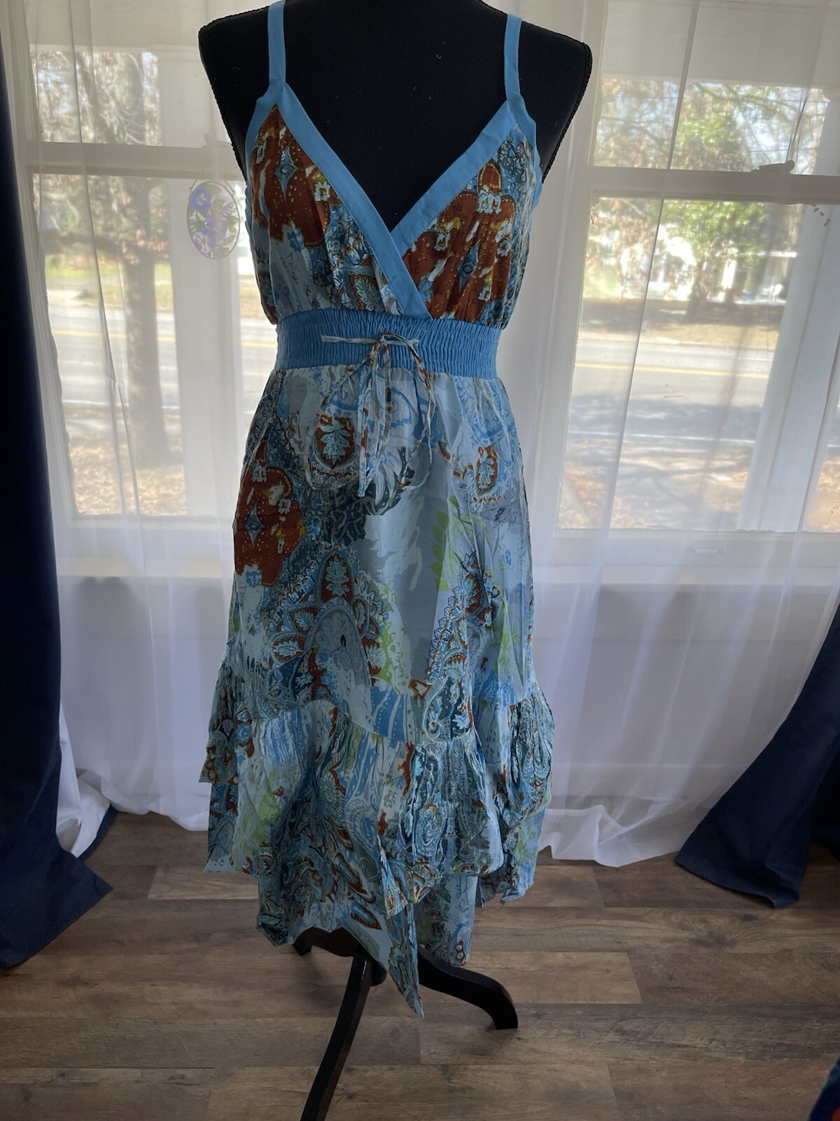 Chaudry KC Boho Sun Dress Blue Paisley Lined Size S