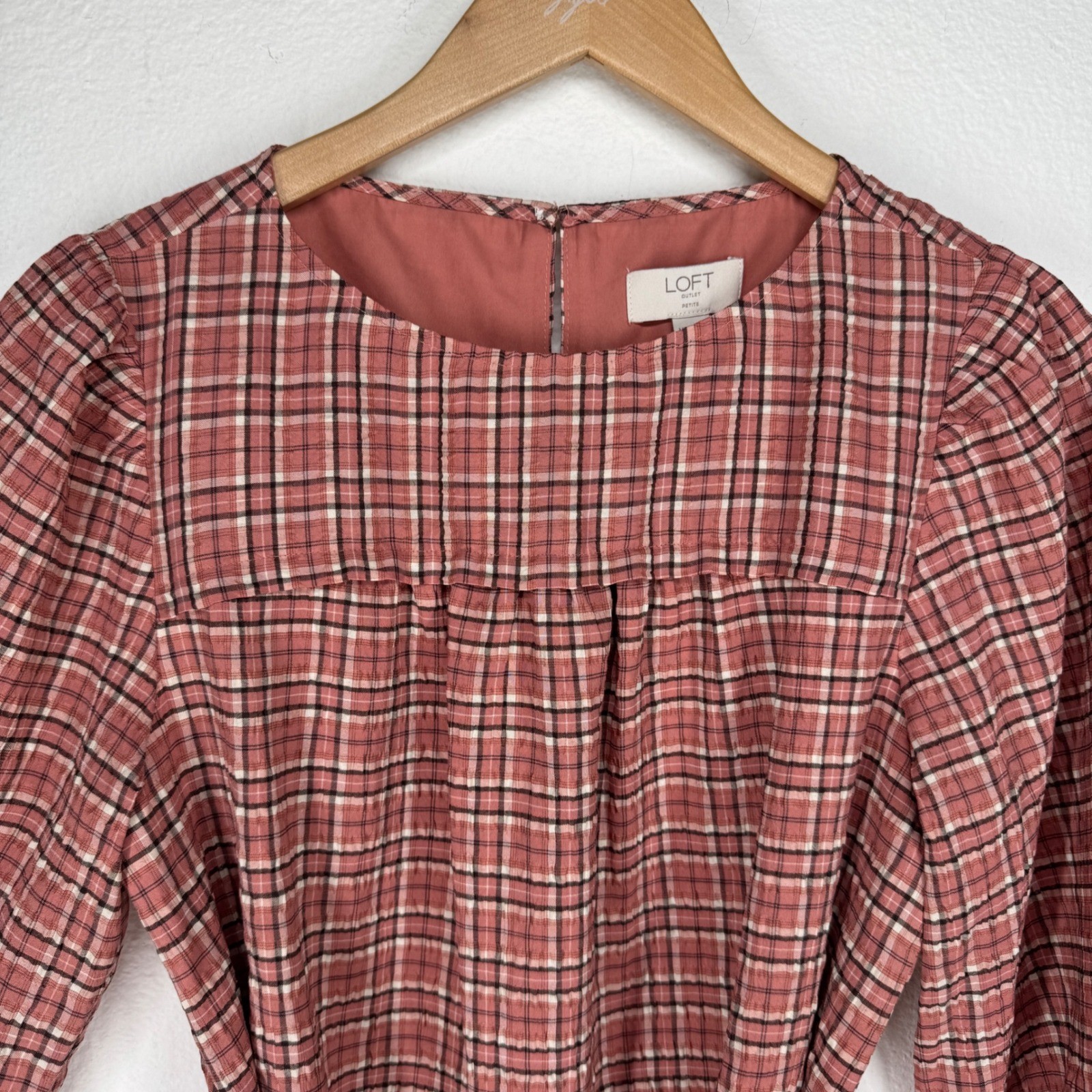 Loft Plaid Tie Waist Puff Sleeve Shift Dress Medium Petite Academia Preppy Twee